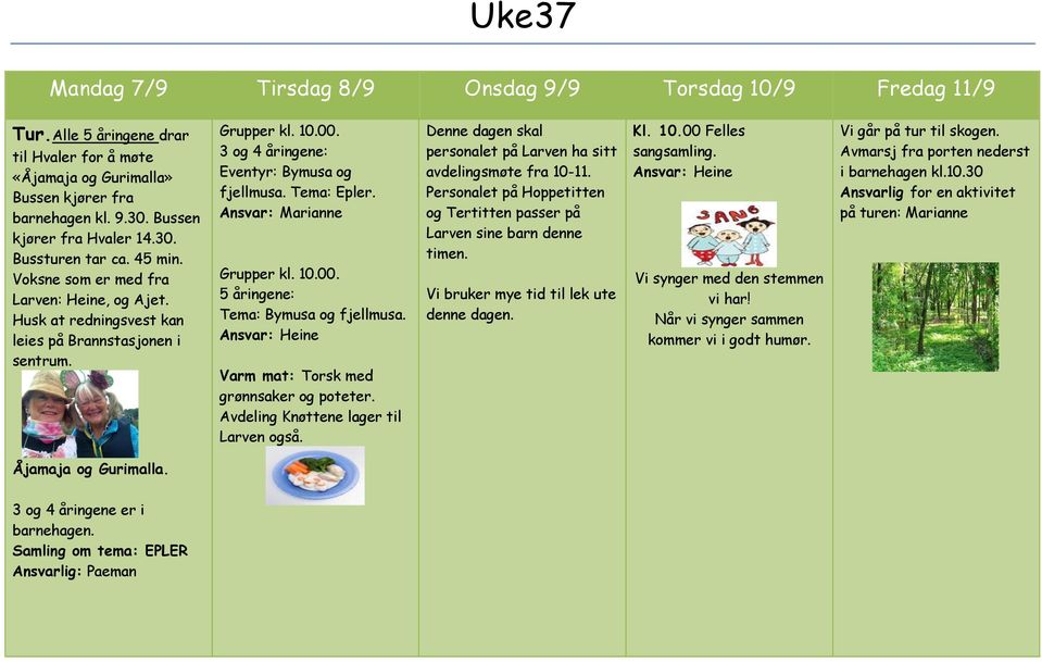 3 og 4 åringene: Eventyr: Bymusa og fjellmusa. Tema: Epler. 5 åringene: Tema: Bymusa og fjellmusa. Ansvar: Heine Varm mat: Torsk med grønnsaker og poteter. Avdeling Knøttene lager til Larven også.