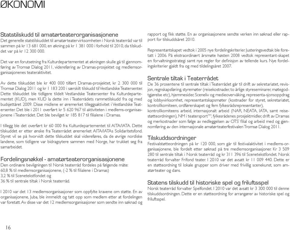 Det var en forutsetning fra Kulturdepartementet at økningen skulle gå til gjennomføring av Tromsø Dialog 2011, videreføring av Dramas-prosjektet og medlemsorganisasjonenes teateraktivitet.