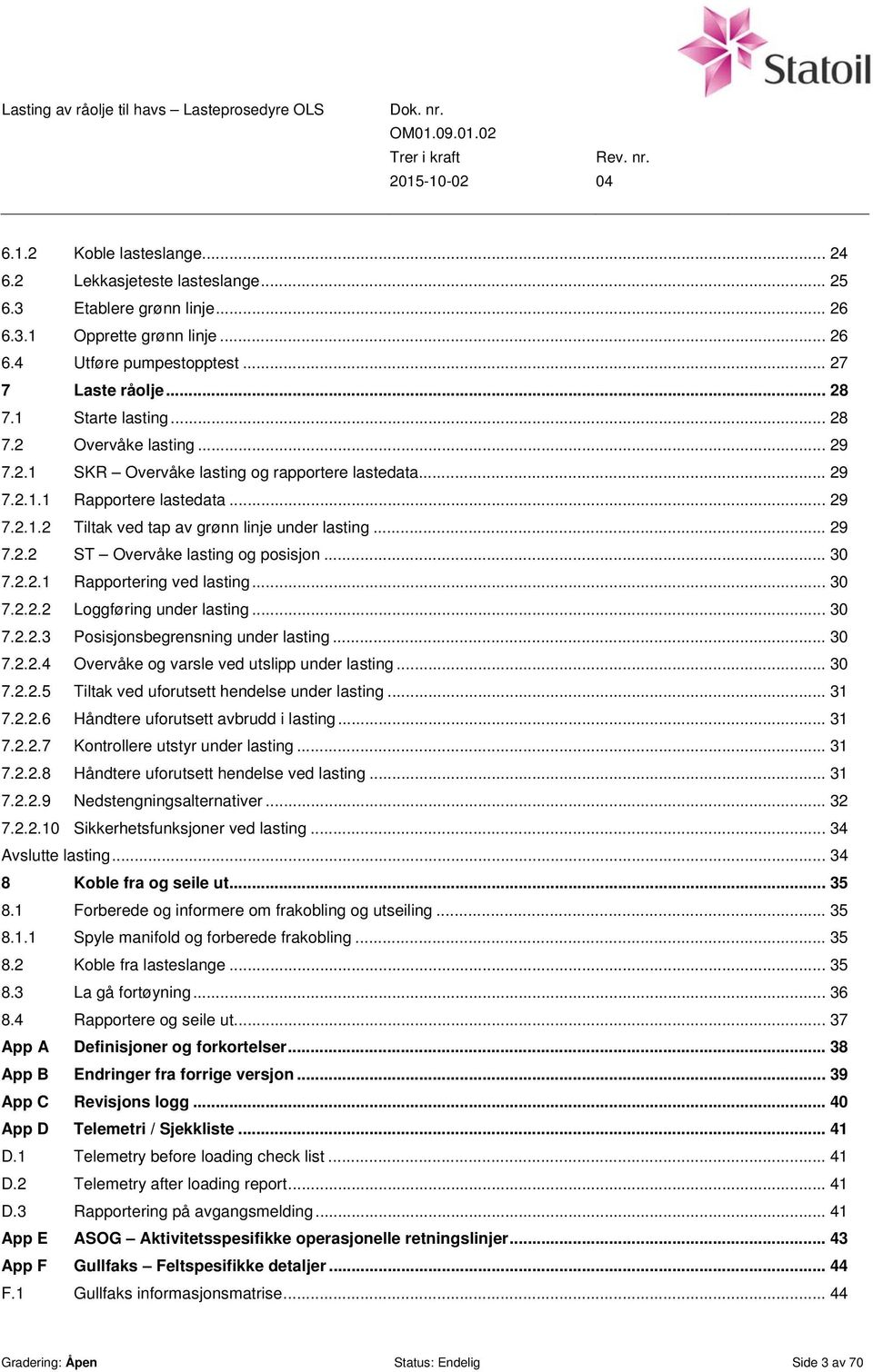 .. 30 7.2.2.1 Rapportering ved lasting... 30 7.2.2.2 Loggføring under lasting... 30 7.2.2.3 Posisjonsbegrensning under lasting... 30 7.2.2.4 Overvåke og varsle ved utslipp under lasting... 30 7.2.2.5 Tiltak ved uforutsett hendelse under lasting.