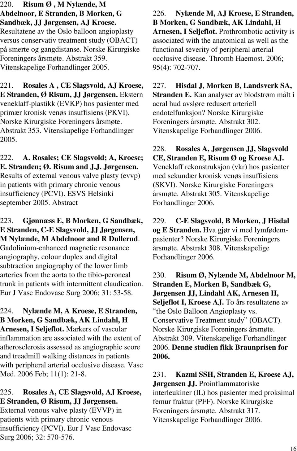 Vitenskapelige Forhandlinger 2005. 221. Rosales A, CE Slagsvold, AJ Kroese, E Stranden, Ø Risum, JJ Jørgensen.