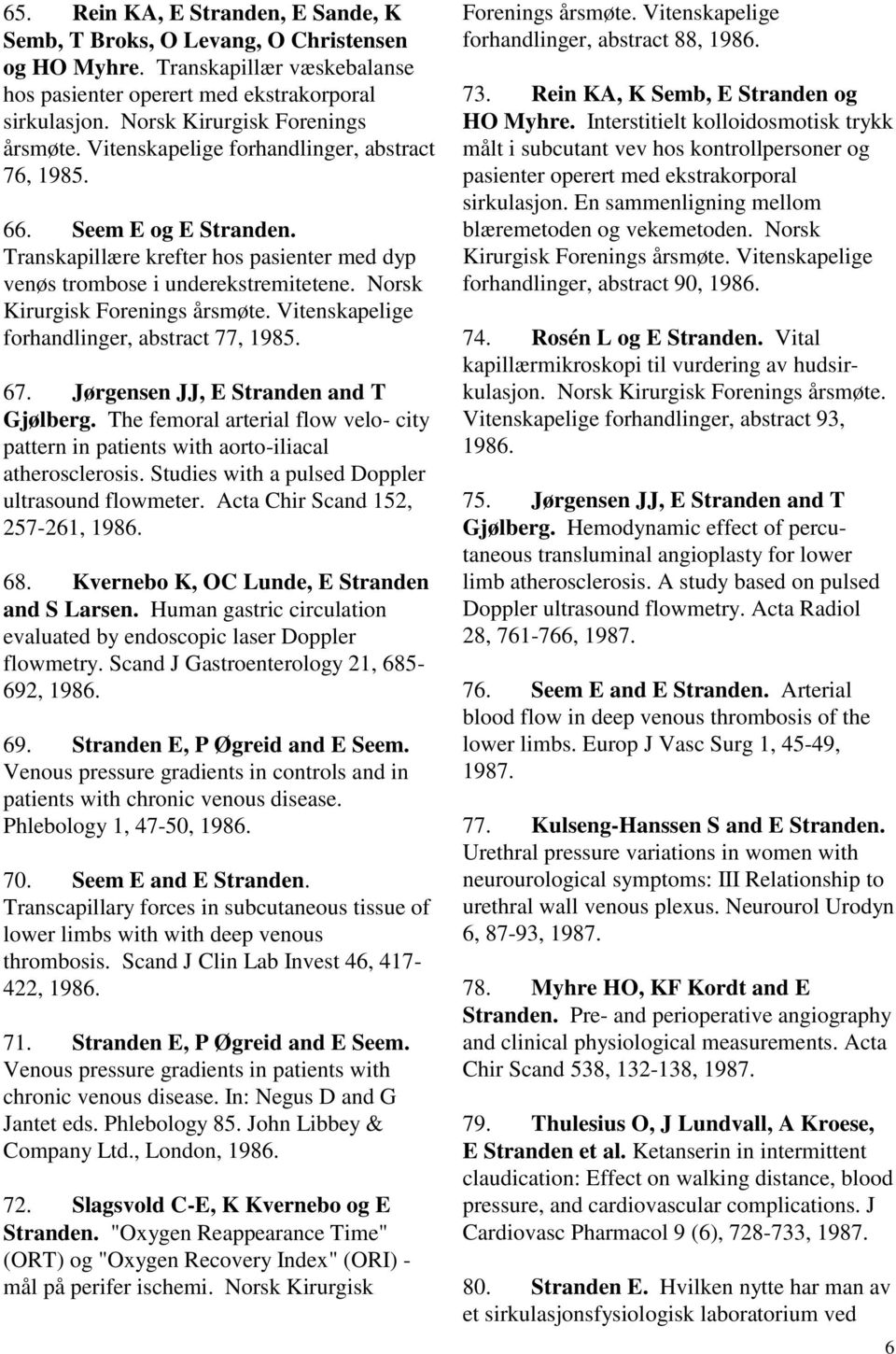 Norsk Kirurgisk Forenings årsmøte. Vitenskapelige forhandlinger, abstract 77, 1985. 67. Jørgensen JJ, E Stranden and T Gjølberg.