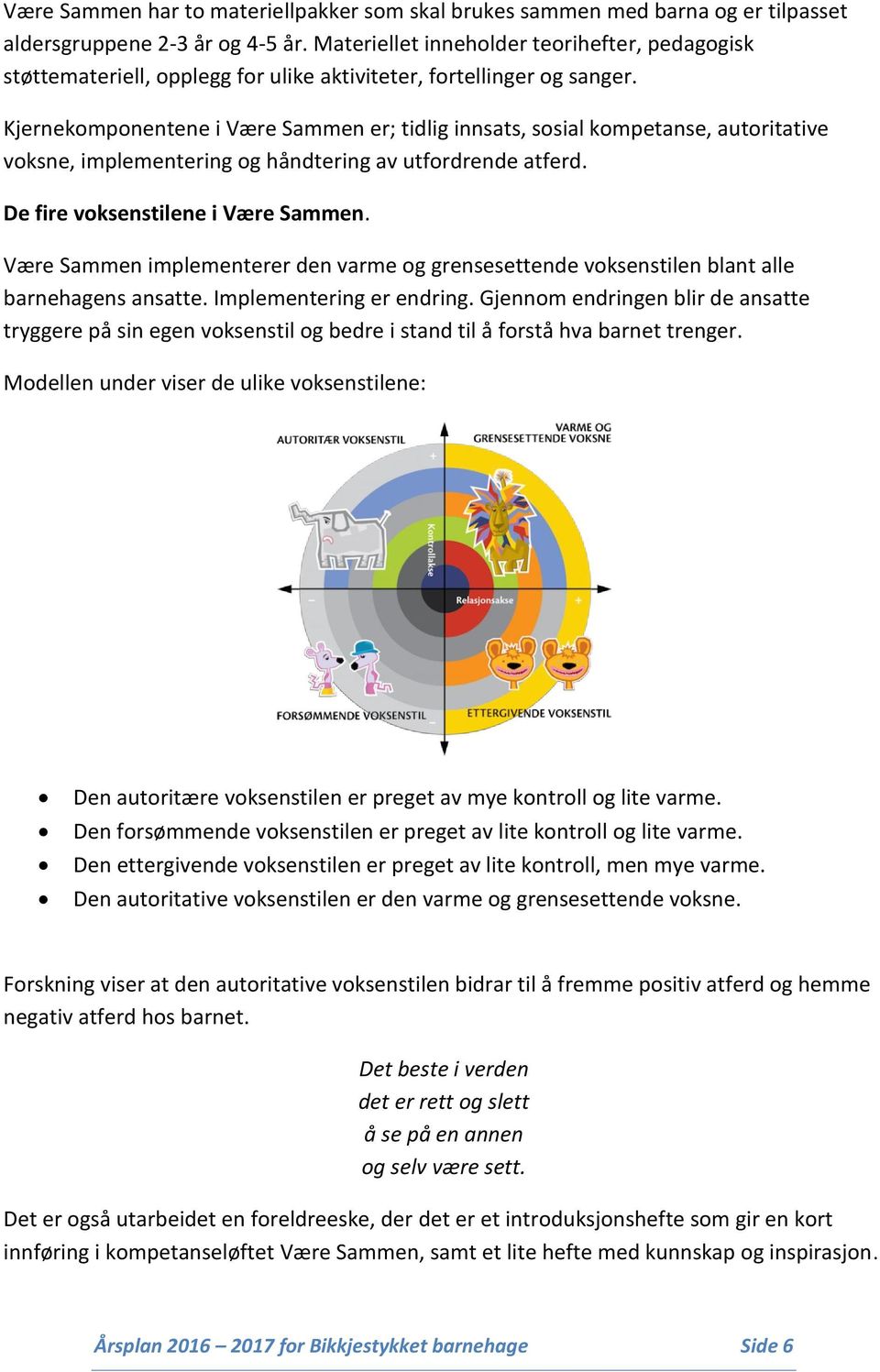 Kjernekomponentene i Være Sammen er; tidlig innsats, sosial kompetanse, autoritative voksne, implementering og håndtering av utfordrende atferd. De fire voksenstilene i Være Sammen.