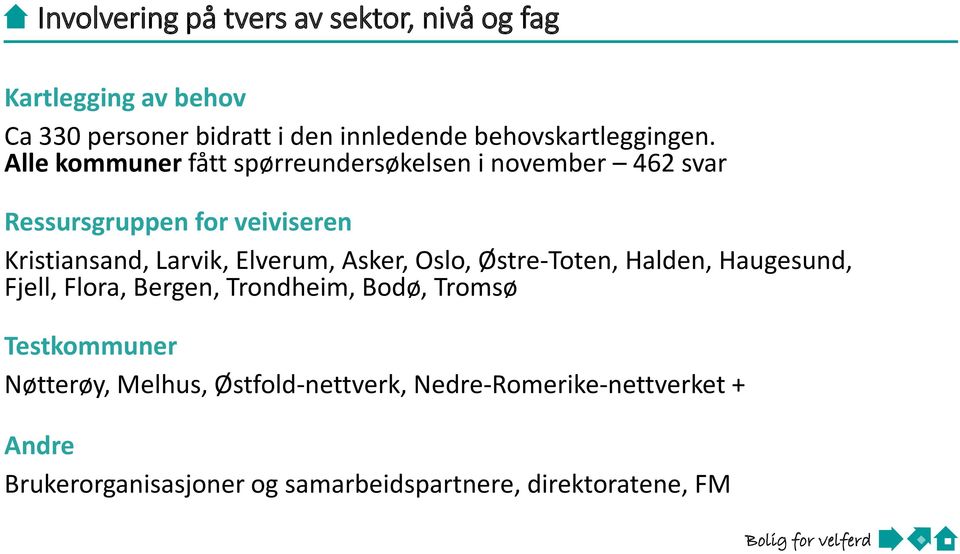 Alle kommuner fått spørreundersøkelsen i november 462 svar Ressursgruppen for veiviseren Kristiansand, Larvik, Elverum,