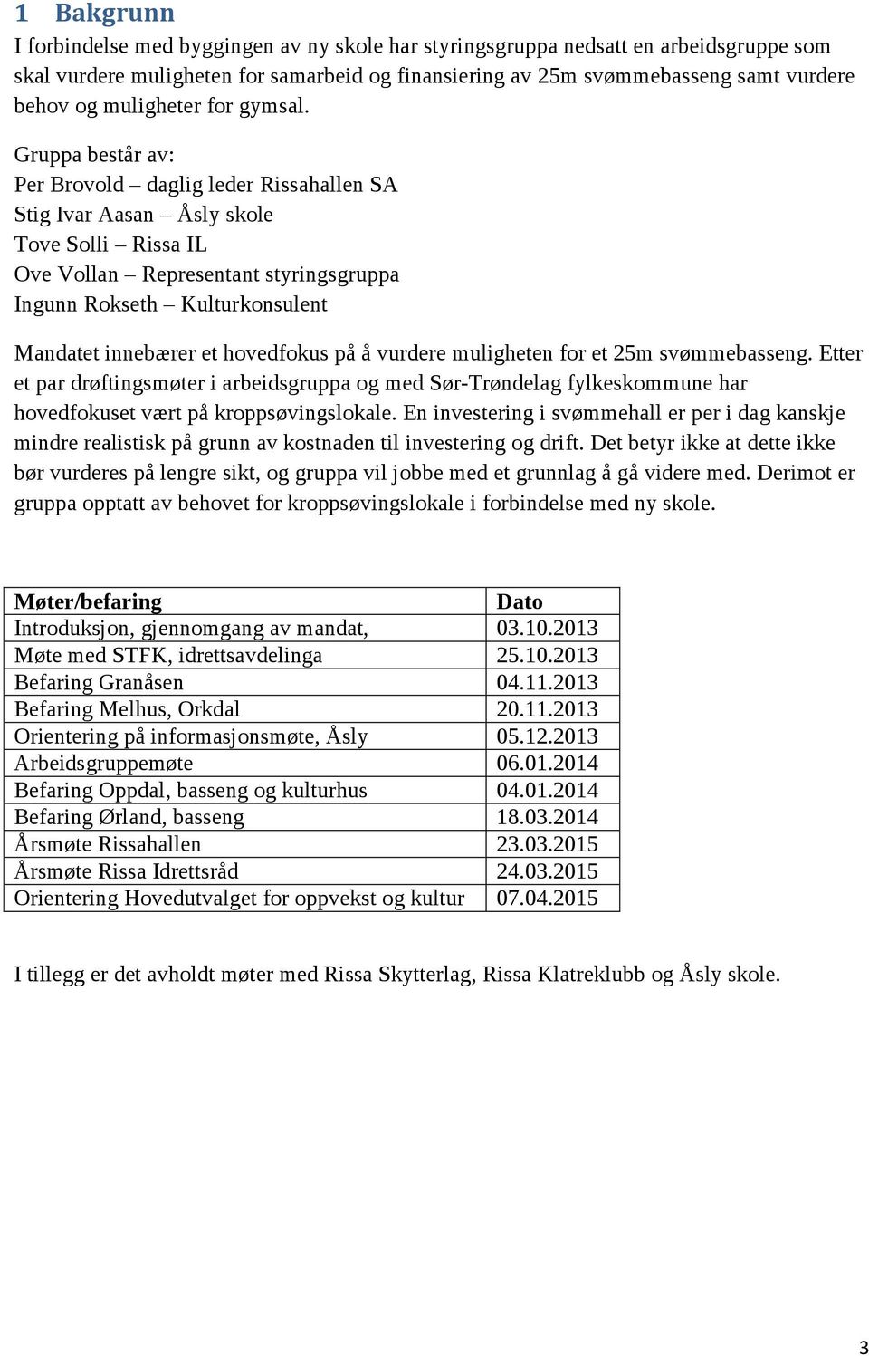 Gruppa består av: Per Brovold daglig leder Rissahallen SA Stig Ivar Aasan Åsly skole Tove Solli Rissa IL Ove Vollan Representant styringsgruppa Ingunn Rokseth Kulturkonsulent Mandatet innebærer et