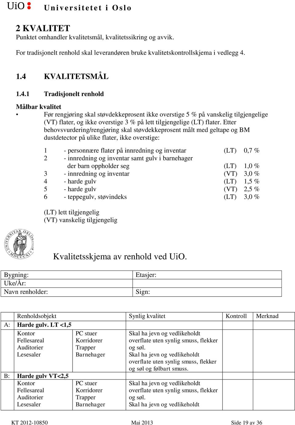 Etter behovsvurdering/rengjøring skal støvdekkeprosent målt med geltape og BM dustdetector på ulike flater, ikke overstige: 1 - personnære flater på innredning og inventar (LT) 0,7 % 2 - innredning