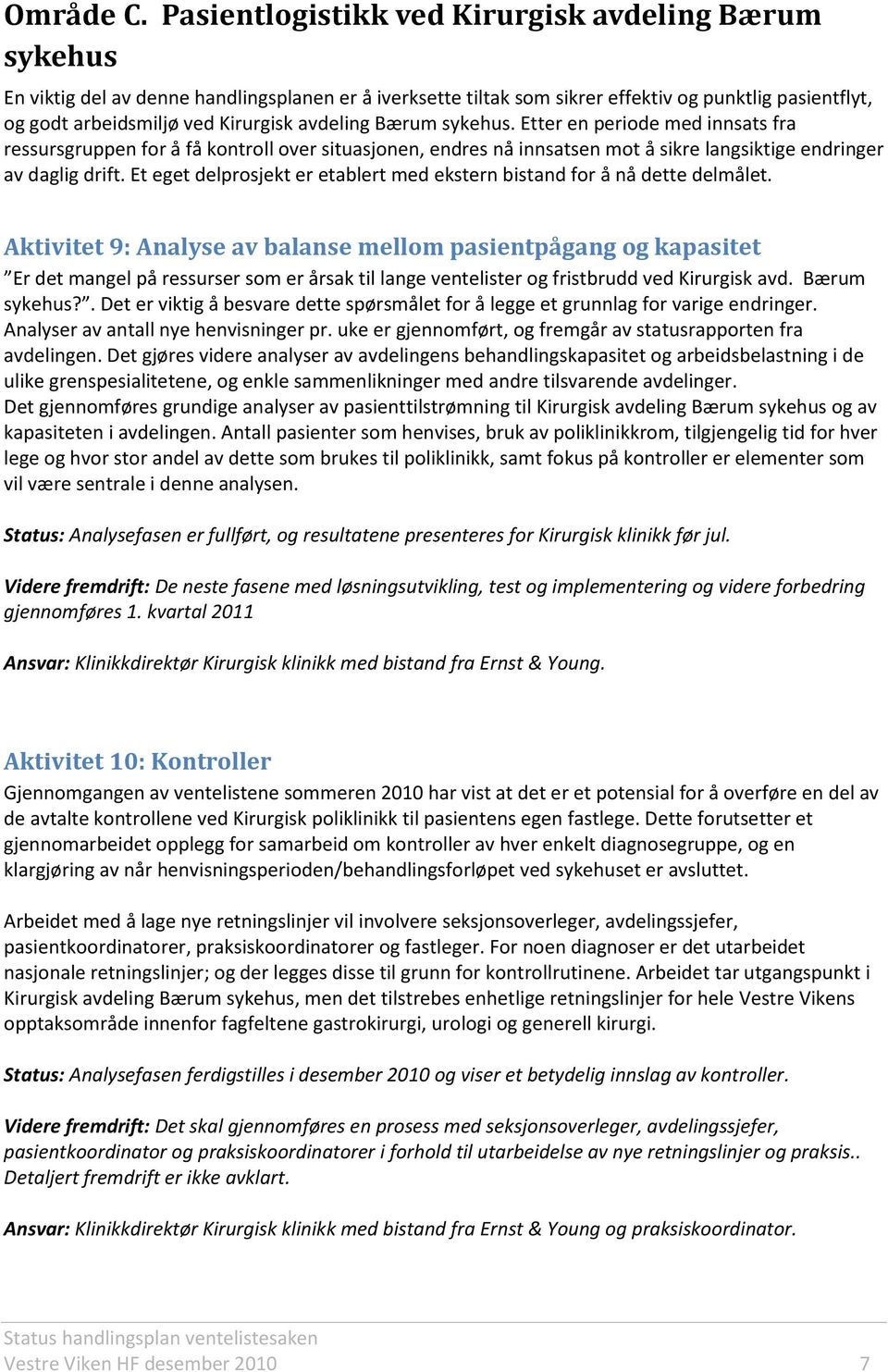 avdeling Bærum sykehus. Etter en periode med innsats fra ressursgruppen for å få kontroll over situasjonen, endres nå innsatsen mot å sikre langsiktige endringer av daglig drift.