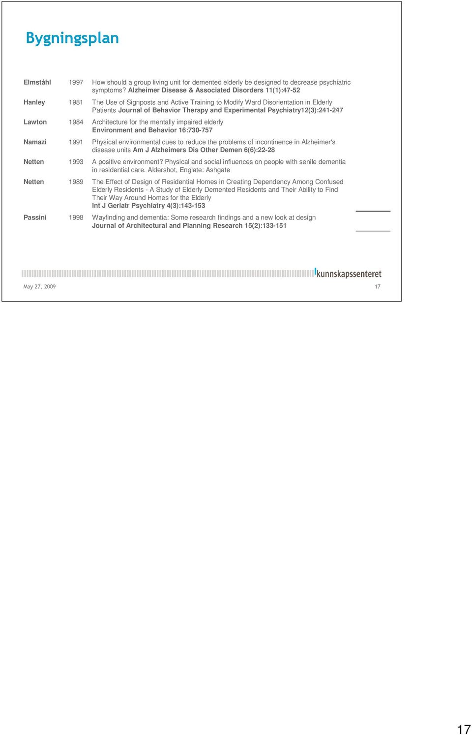 Psychiatry12(3):241-247 Architecture for the mentally impaired elderly Environment and Behavior 16:730-757 Physical environmental cues to reduce the problems of incontinence in Alzheimer's disease