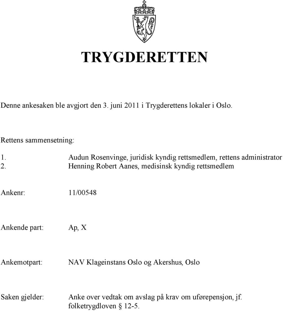 Henning Robert Aanes, medisinsk kyndig rettsmedlem Ankenr: 11/00548 Ankende part:, X Ankemotpart: NAV