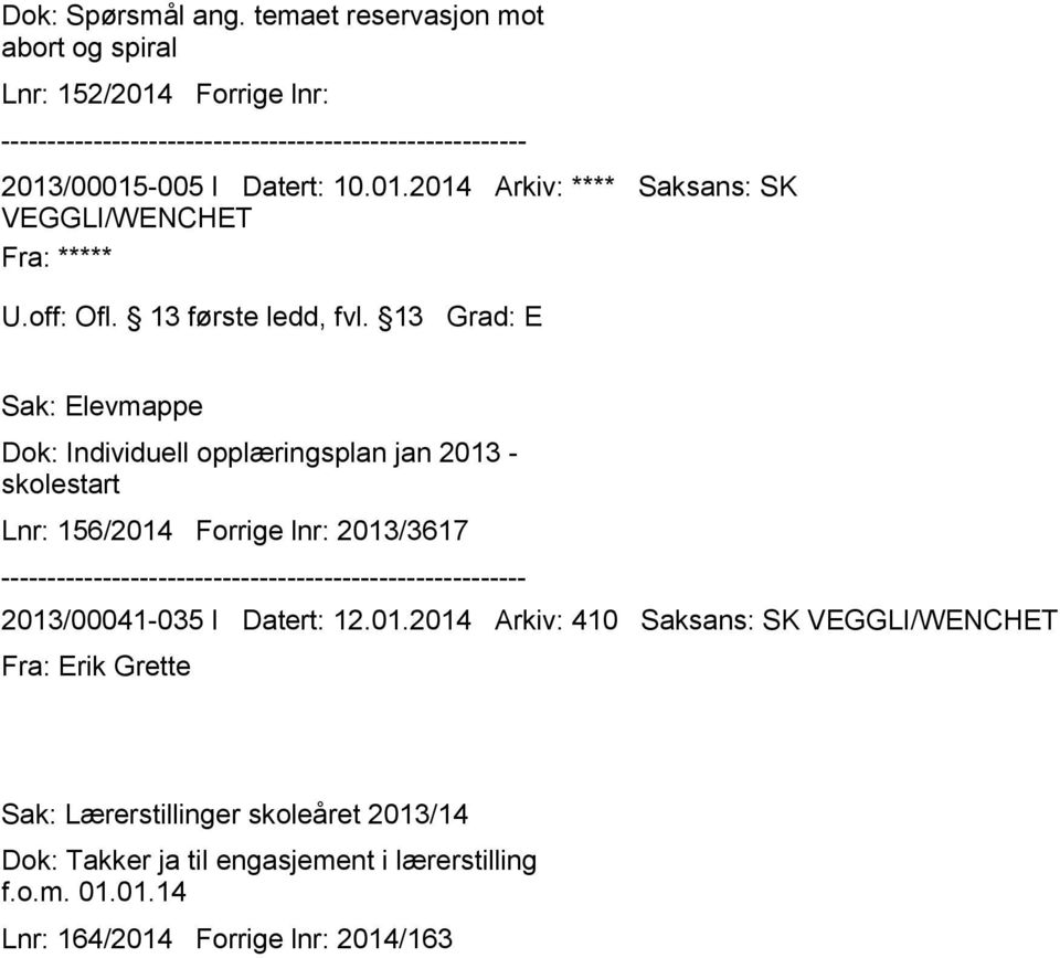 13 Grad: E Sak: Elevmappe Dok: Individuell opplæringsplan jan 2013 - skolestart Lnr: 156/2014 Forrige lnr: 2013/3617 2013/00041-035 I