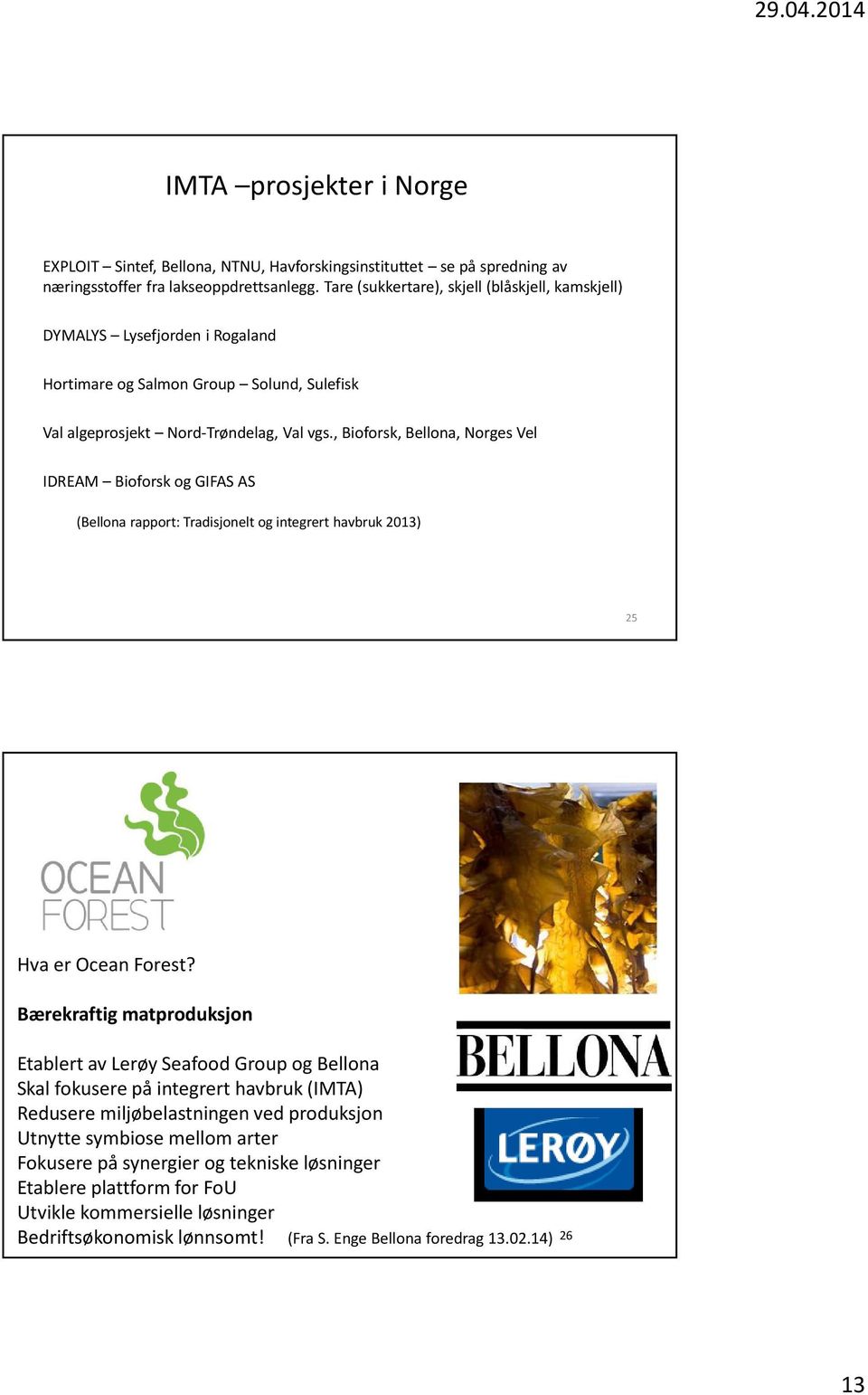 , Bioforsk, Bellona, Norges Vel IDREAM Bioforskog GIFAS AS (Bellona rapport: Tradisjonelt og integrert havbruk 2013) 25 Hva er Ocean Forest?