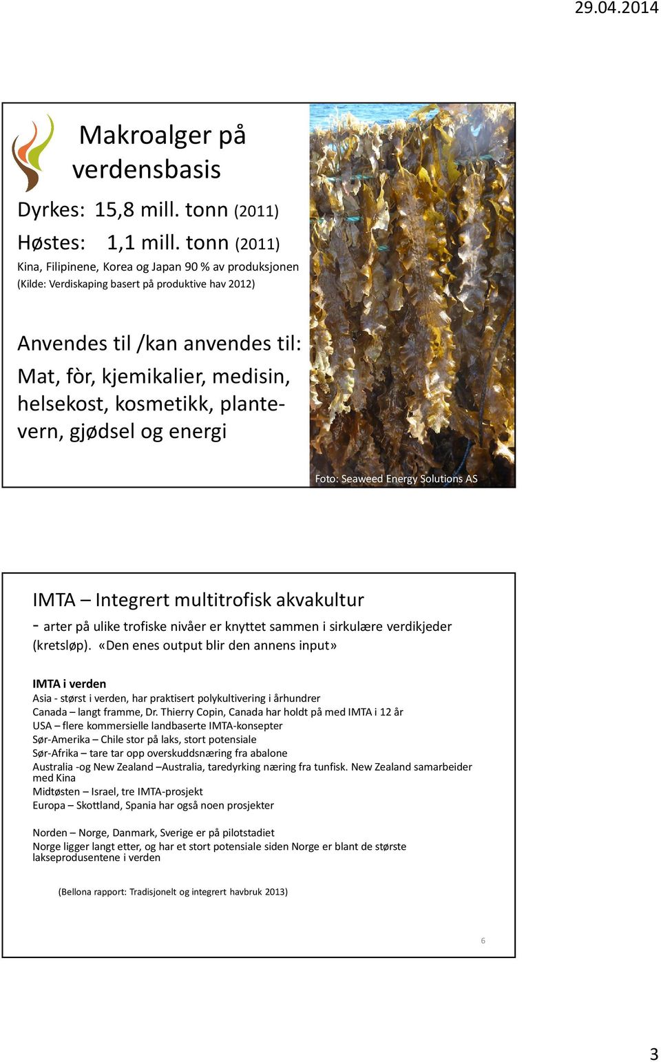 kosmetikk, plantevern, gjødsel og energi Foto: Seaweed Energy Solutions AS IMTA Integrert multitrofiskakvakultur - arter på ulike trofiske nivåer er knyttet sammen i sirkulære verdikjeder (kretsløp).