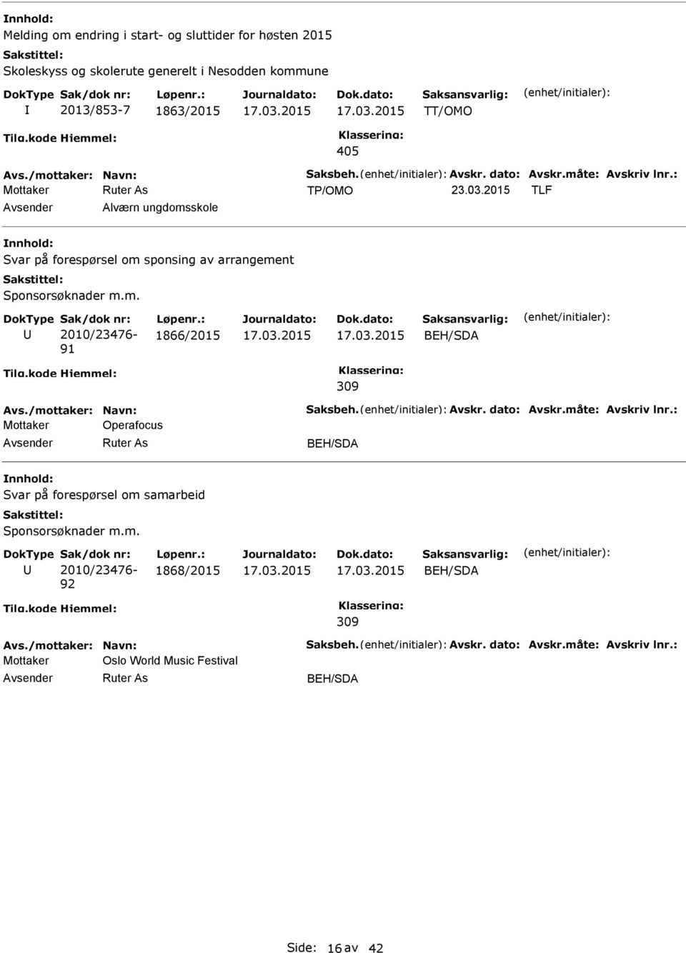 2015 TLF Alværn ungdomsskole Svar på forespørsel om sponsing av arrangement Sponsorsøknader m.m. 2010/23476-91 1866/2015 BEH/SDA 309 Avs./mottaker: Navn: Saksbeh.