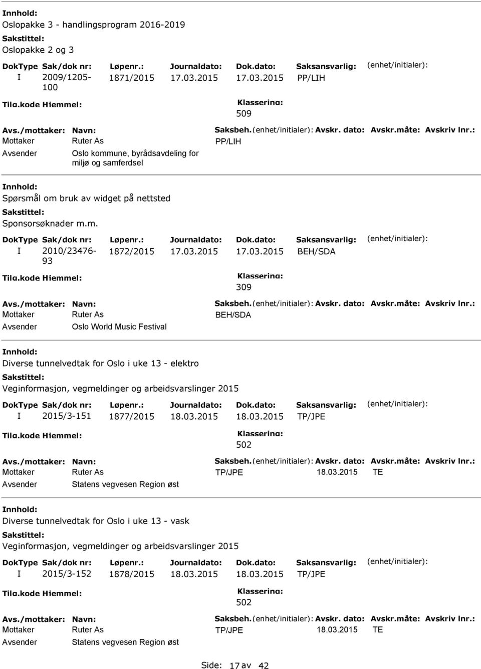 dato: Avskr.måte: Avskriv lnr.: BEH/SDA Oslo World Music Festival Diverse tunnelvedtak for Oslo i uke 13 - elektro Veginformasjon, vegmeldinger og arbeidsvarslinger 2015 2015/3-151 1877/2015 502 Avs.