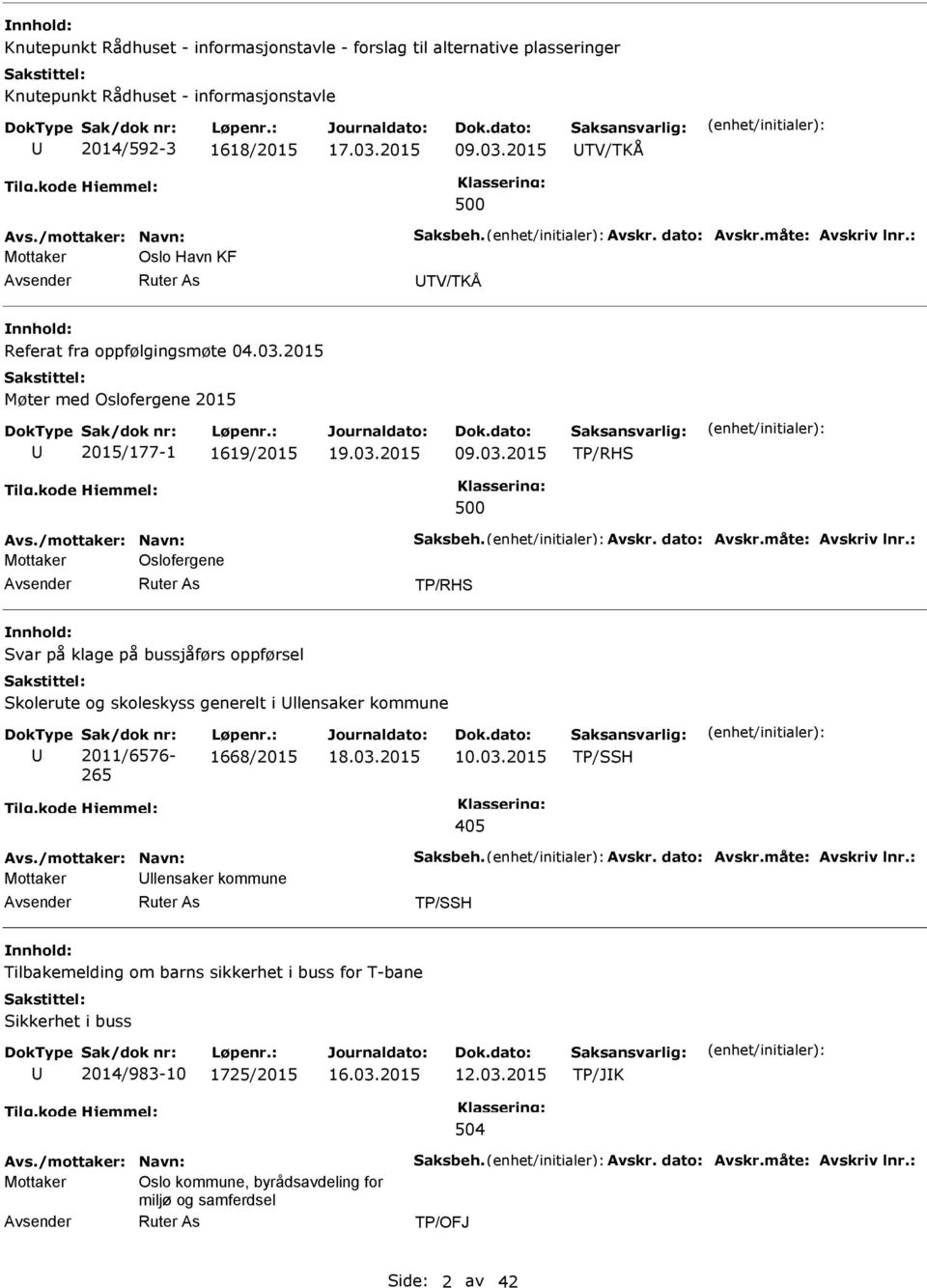 måte: Avskriv lnr.: Oslofergene TP/RHS Svar på klage på bussjåførs oppførsel Skolerute og skoleskyss generelt i llensaker kommune 2011/6576-265 1668/2015 10.03.2015 TP/SSH 405 Avs.