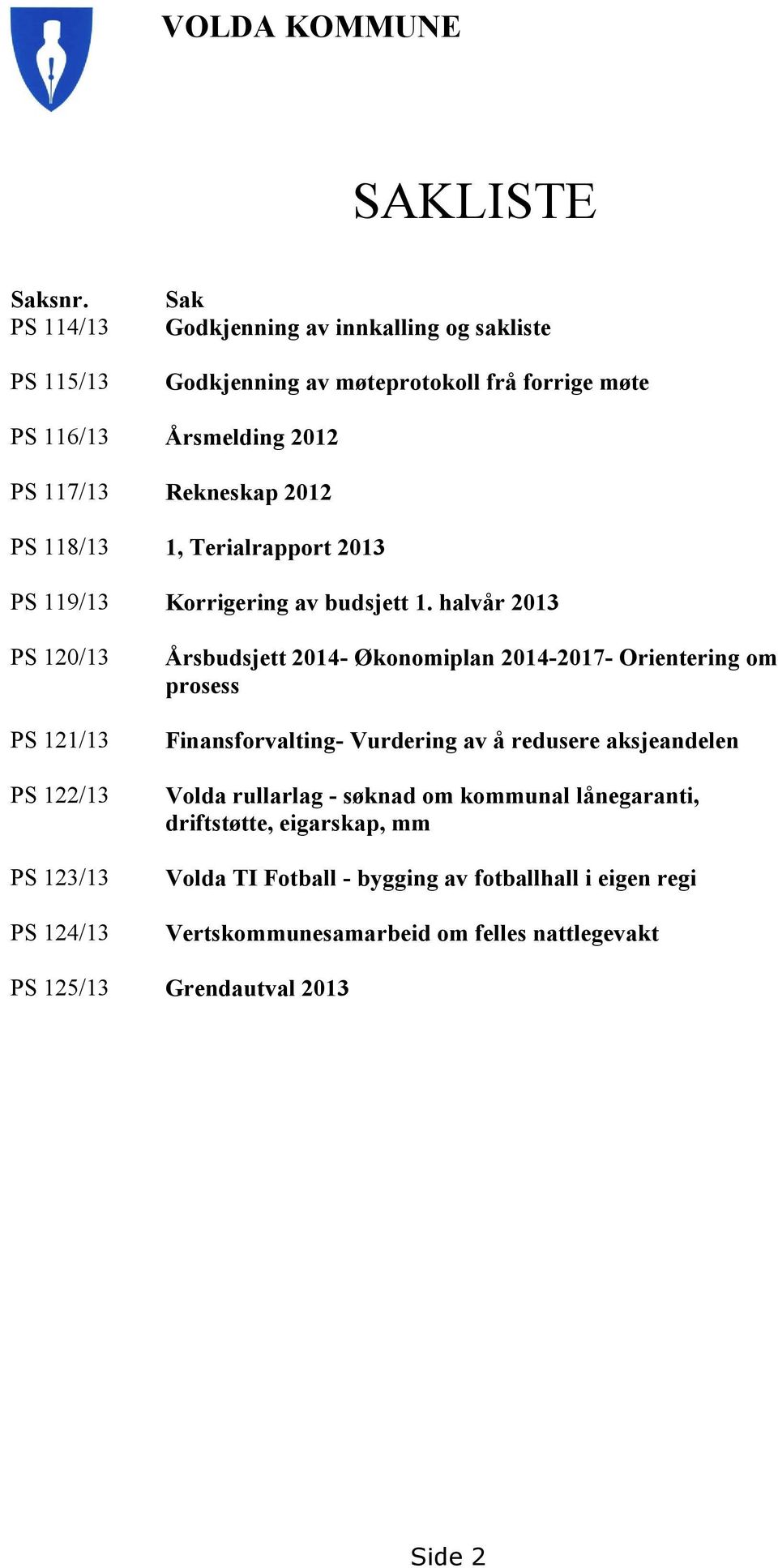 118/13 1, Terialrapport 2013 PS 119/13 Korrigering av budsjett 1.