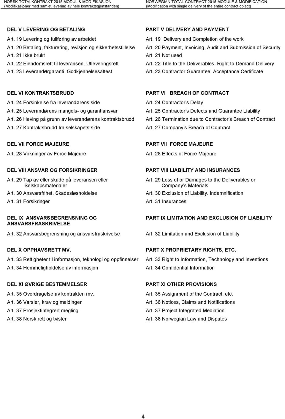 21 Not used Art. 22 Title to the Deliverables. Right to Demand Delivery Art. 23 Contractor Guarantee. Acceptance Certificate DEL VI KONTRAKTSBRUDD Art. 24 Forsinkelse fra leverandørens side Art.