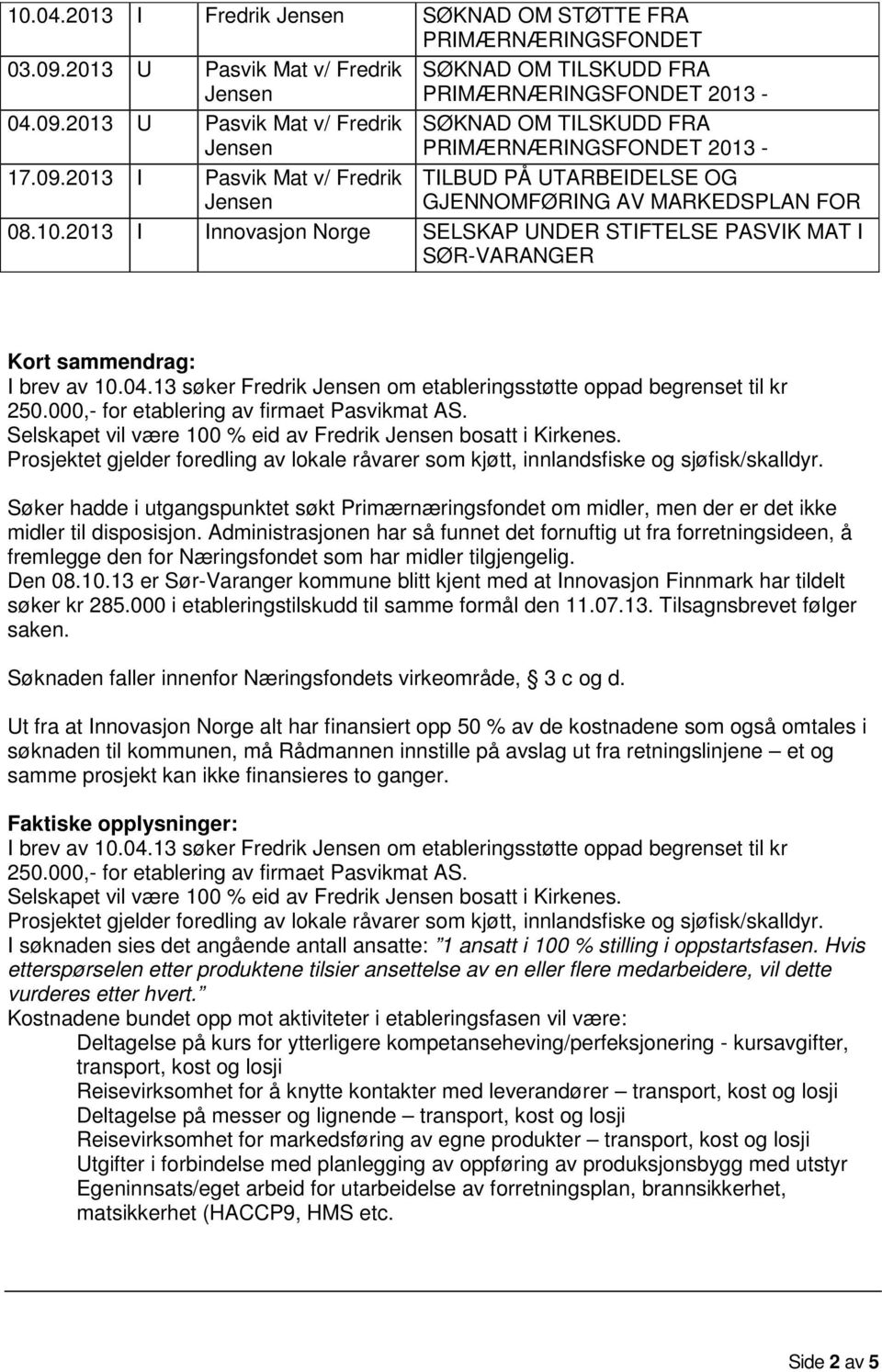 2013 I Innovasjon Norge SELSKAP UNDER STIFTELSE PASVIK MAT I SØR-VARANGER Kort sammendrag: I brev av 10.04.13 søker Fredrik Jensen om etableringsstøtte oppad begrenset til kr 250.