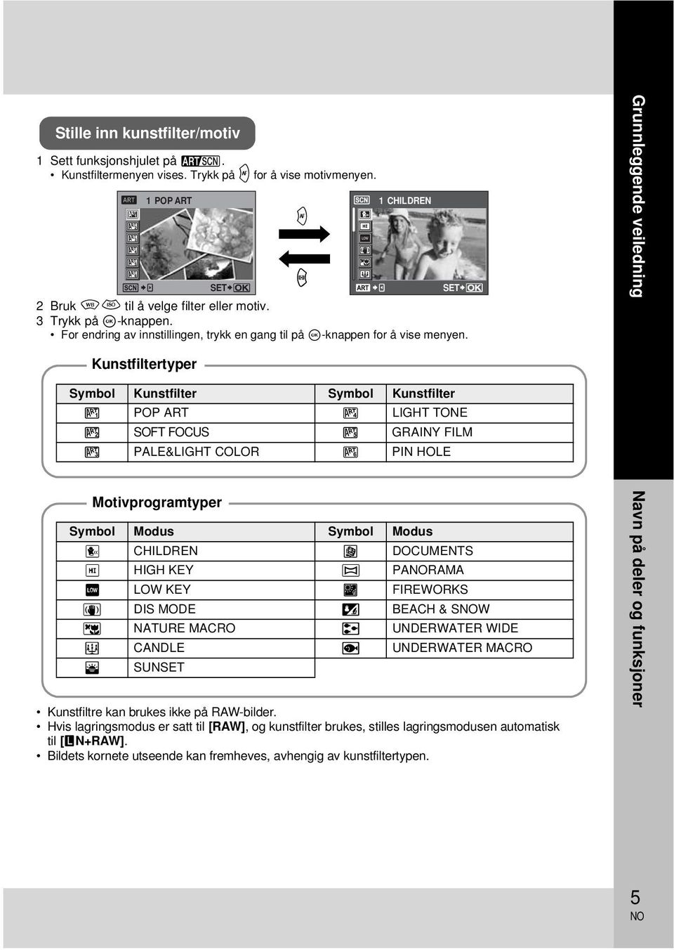 i h SET Grunnleggende veiledning Kunstfiltertyper Symbol Kunstfilter Symbol Kunstfilter j POP ART m LIGHT TONE k SOFT FOCUS n GRAINY FILM l PALE&LIGHT COLOR o PIN HOLE Motivprogramtyper Symbol Modus