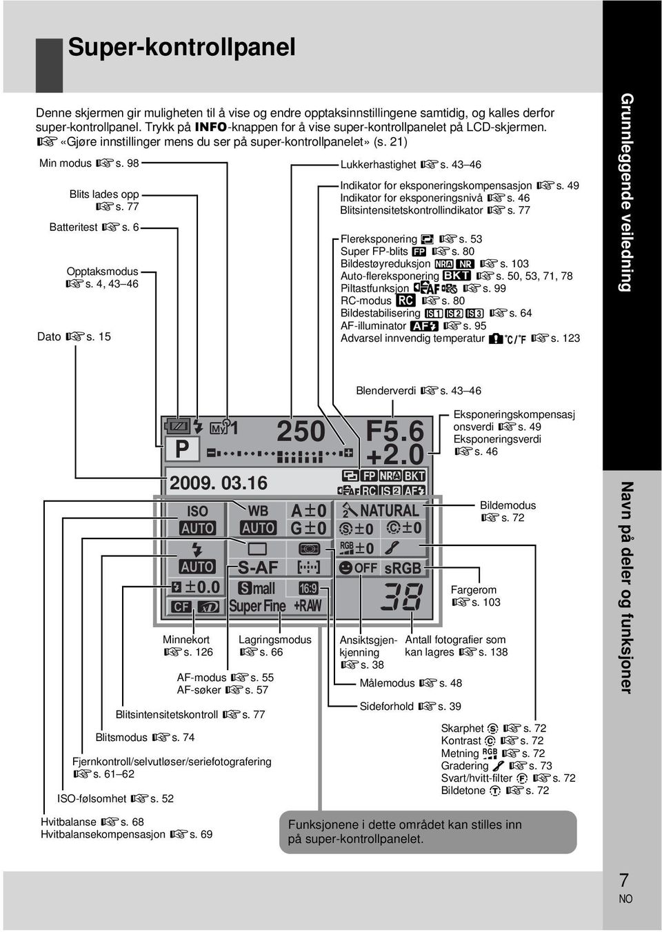 6 Opptaksmodus gs. 4, 43 46 Dato gs. 15 Lukkerhastighet gs. 43 46 Indikator for eksponeringskompensasjon gs. 49 Indikator for eksponeringsnivå gs. 46 Blitsintensitetskontrollindikator gs.
