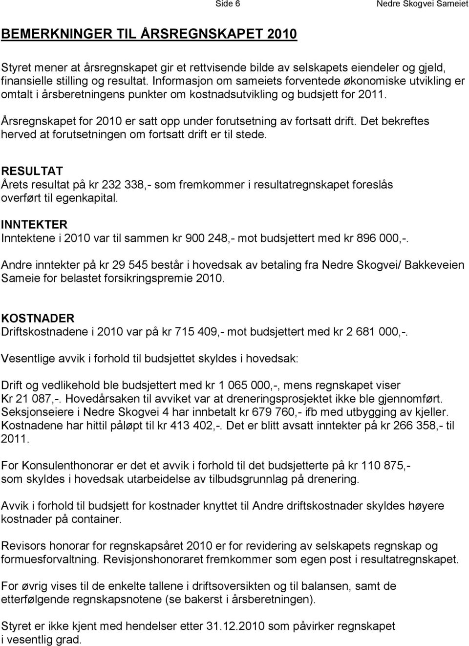 Årsregnskapet for 2010 er satt opp under forutsetning av fortsatt drift. Det bekreftes herved at forutsetningen om fortsatt drift er til stede.