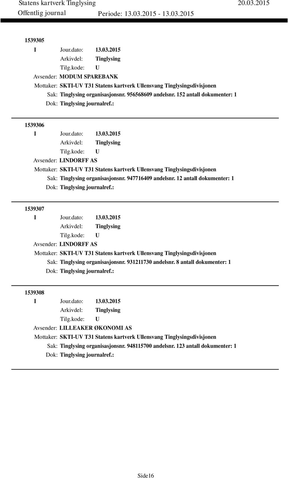 12 antall dokumenter: 1 Dok: journalref.: 1539307 Avsender: LINDORFF AS Mottaker: SKTI-V T31 Statens kartverk llensvang sdivisjonen Sak: organisasjonsnr. 931211730 andelsnr.