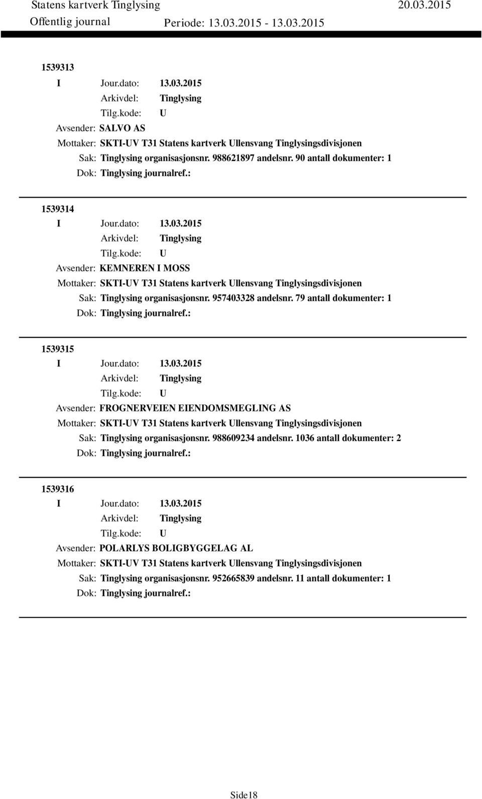 79 antall dokumenter: 1 Dok: journalref.: 1539315 Avsender: FROGNERVEIEN EIENDOMSMEGLING AS Mottaker: SKTI-V T31 Statens kartverk llensvang sdivisjonen Sak: organisasjonsnr.