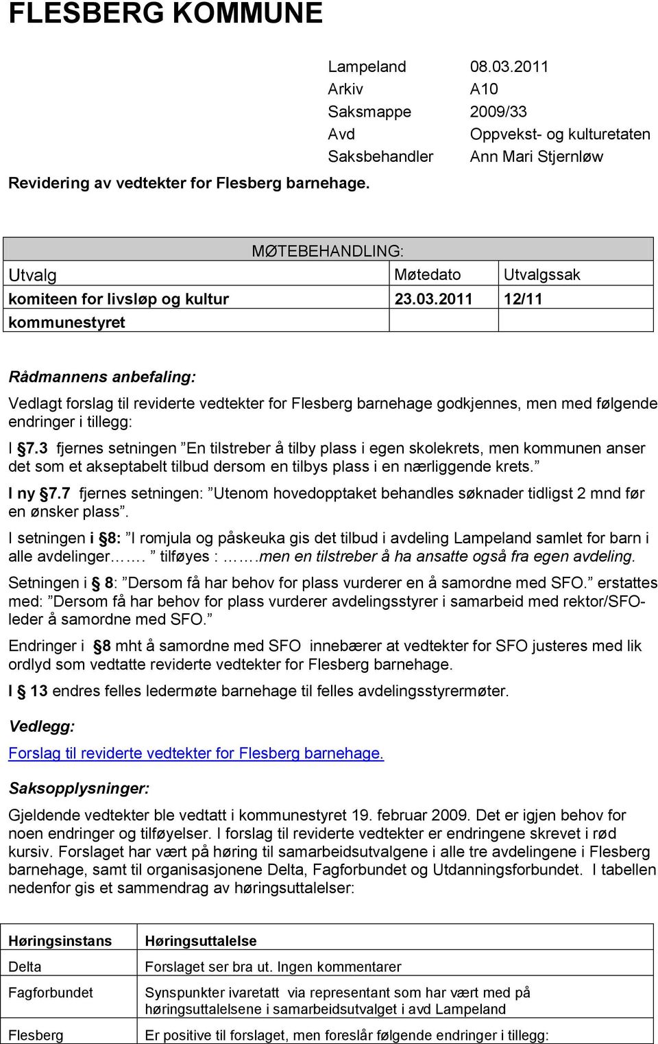 2011 12/11 kommunestyret Rådmannens anbefaling: Vedlagt forslag til reviderte vedtekter for Flesberg barnehage godkjennes, men med følgende endringer i tillegg: I 7.