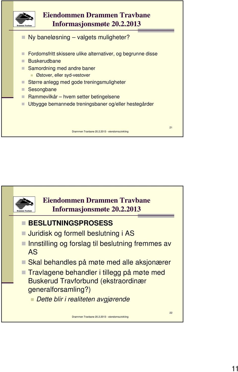 gode treningsmuligheter Sesongbane Rammevilkår hvem setter betingelsene Utbygge bemannede treningsbaner og/eller hestegårder 21 BESLUTNINGSPROSESS