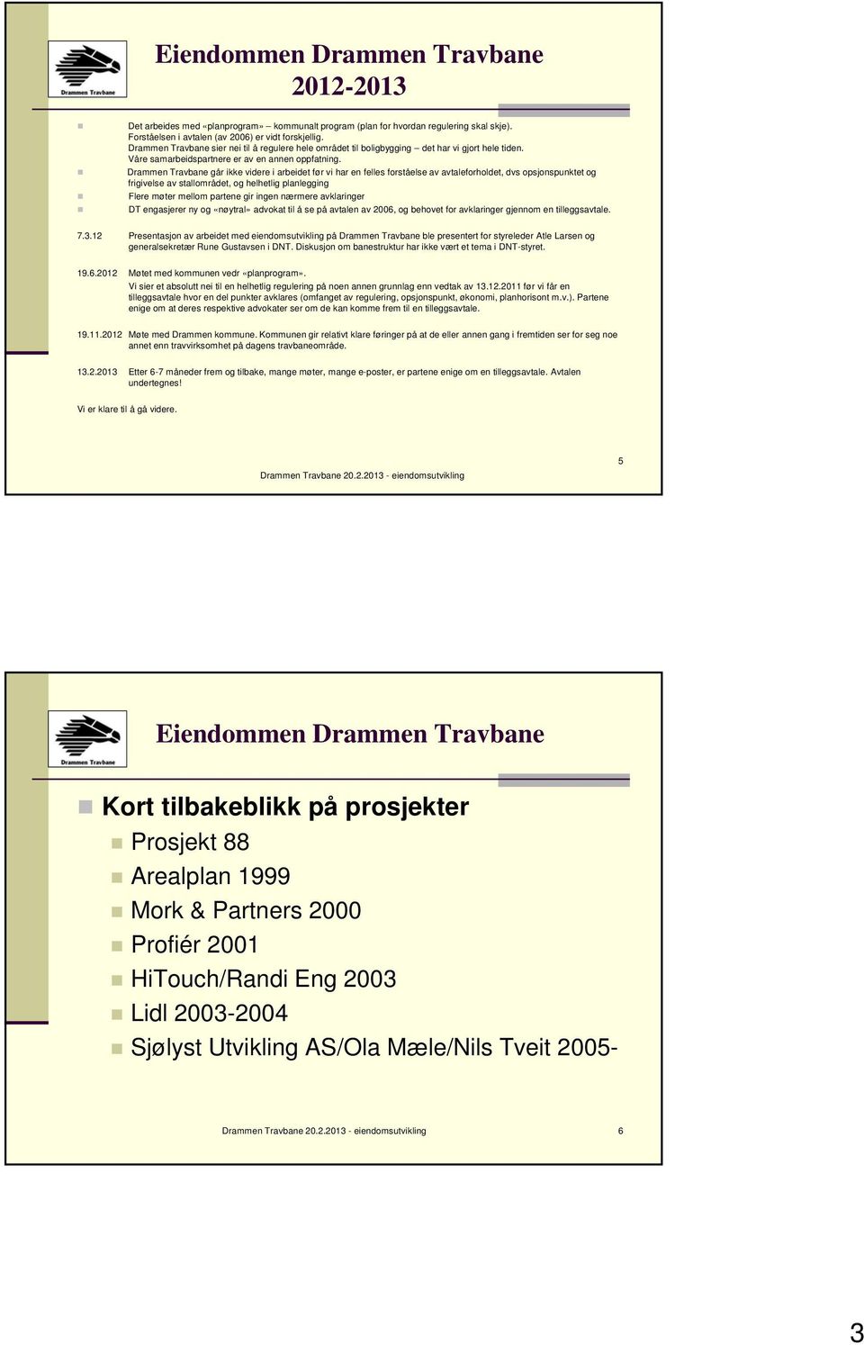 Drammen Travbane går ikke videre i arbeidet før vi har en felles forståelse av avtaleforholdet, dvs opsjonspunktet og frigivelse av stallområdet, og helhetlig planlegging Flere møter mellom partene