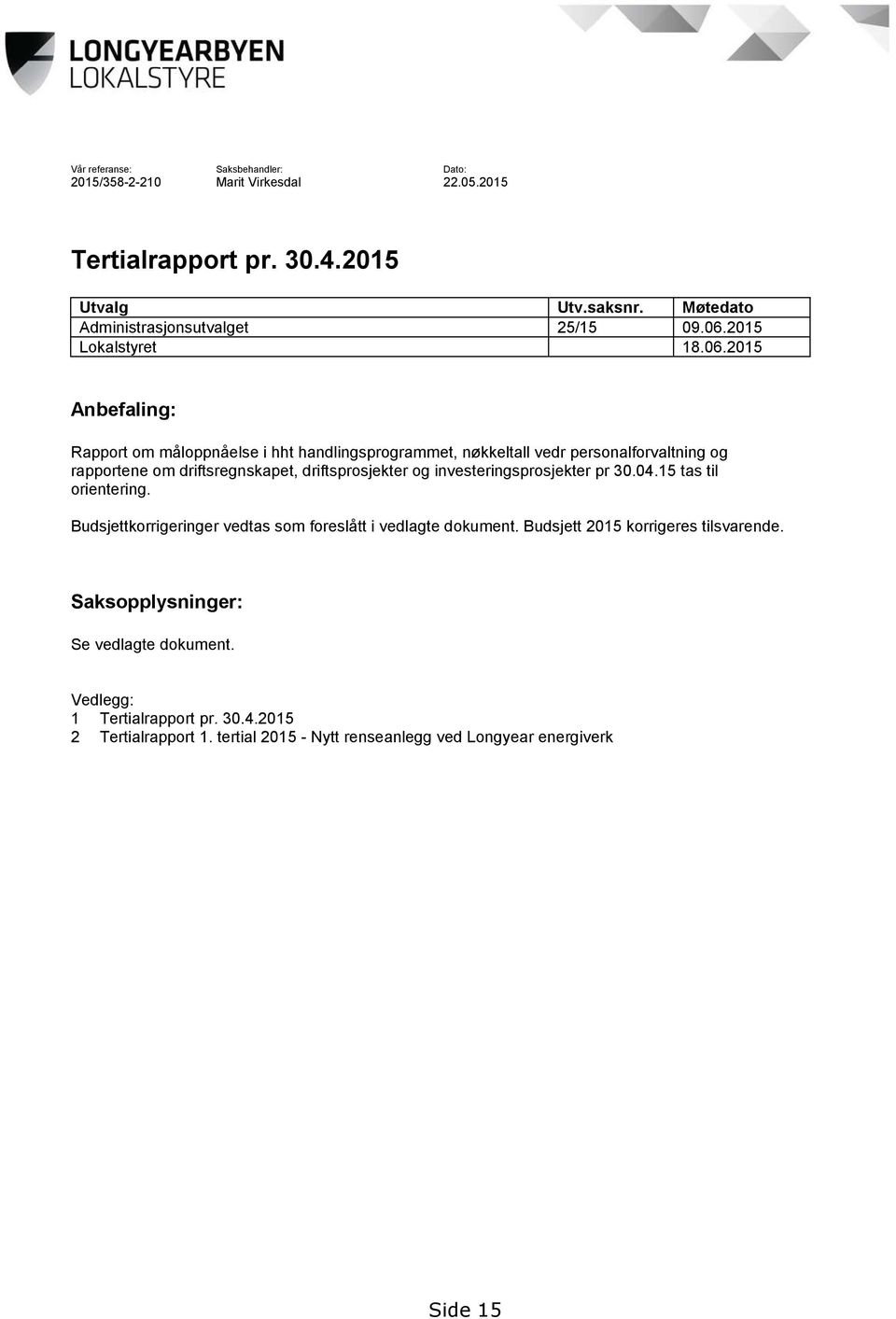 driftsprosjekter og investeringsprosjekter pr 30.04.15 tas til orientering. Budsjettkorrigeringer vedtas som foreslått i vedlagte dokument.