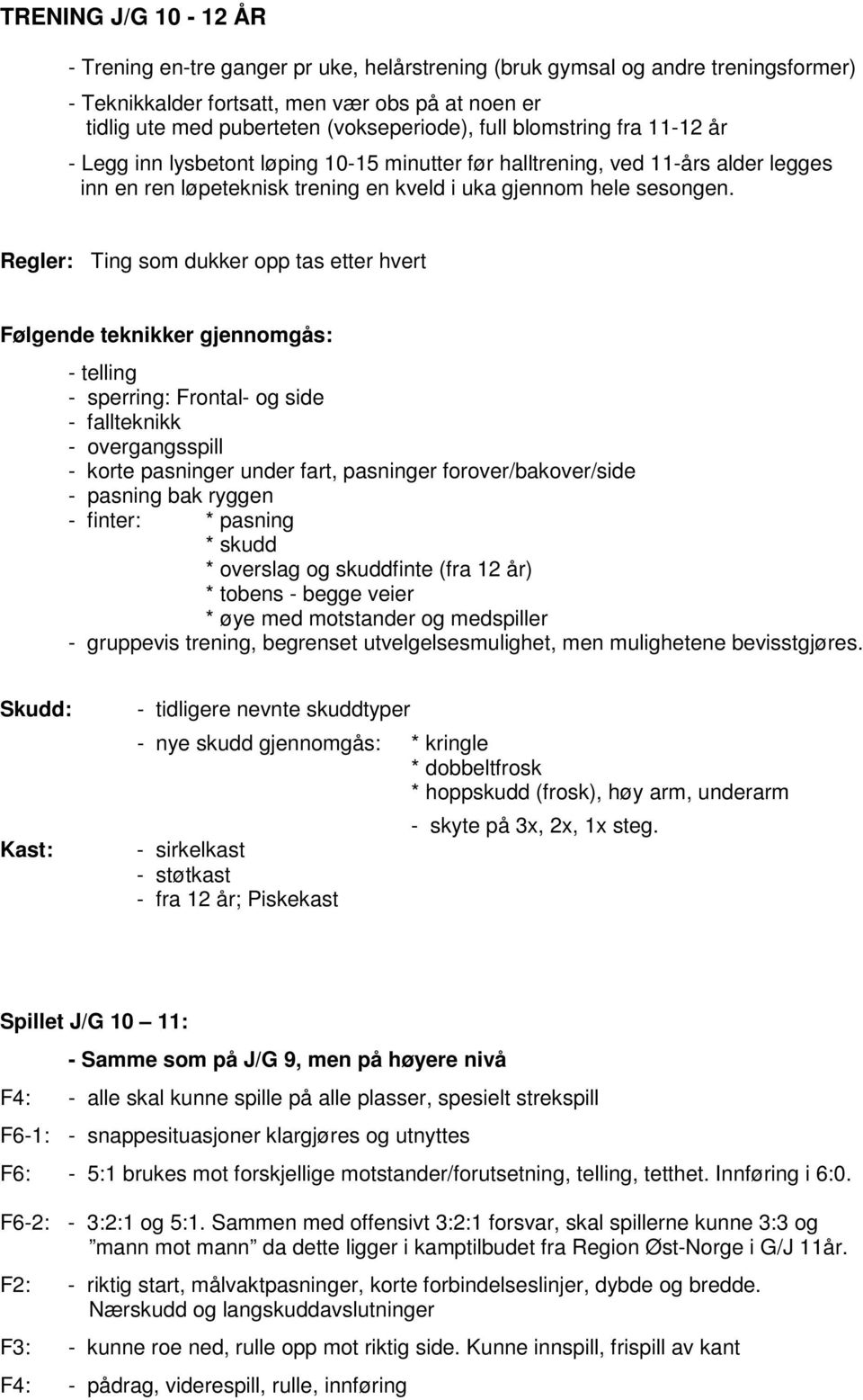 Regler: Ting som dukker opp tas etter hvert Følgende teknikker gjennomgås: - telling - sperring: Frontal- og side - fallteknikk - overgangsspill - korte pasninger under fart, pasninger