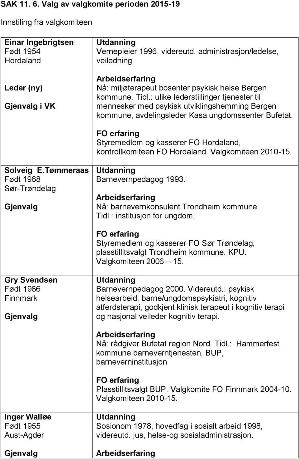 Styremedlem og kasserer FO Hordaland, kontrollkomiteen FO Hordaland. Valgkomiteen 2010-15. Solveig E.Tømmeraas Født 1968 Sør-Trøndelag Barnevernpedagog 1993.