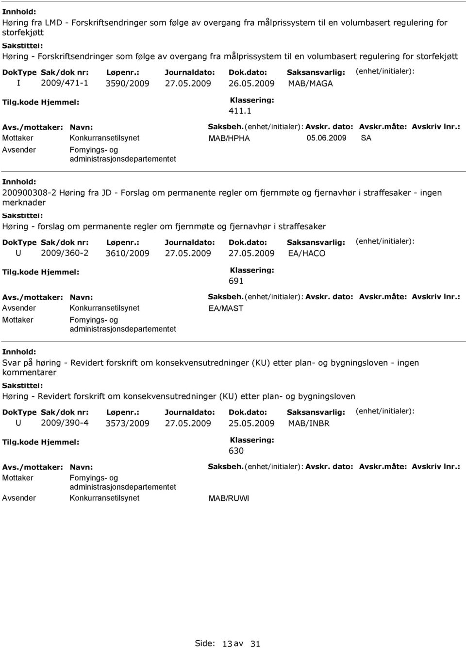 2009 SA Avsender Fornyings- og administrasjonsdepartementet nnhold: 200900308-2 Høring fra JD - Forslag om permanente regler om fjernmøte og fjernavhør i straffesaker - ingen merknader Høring -