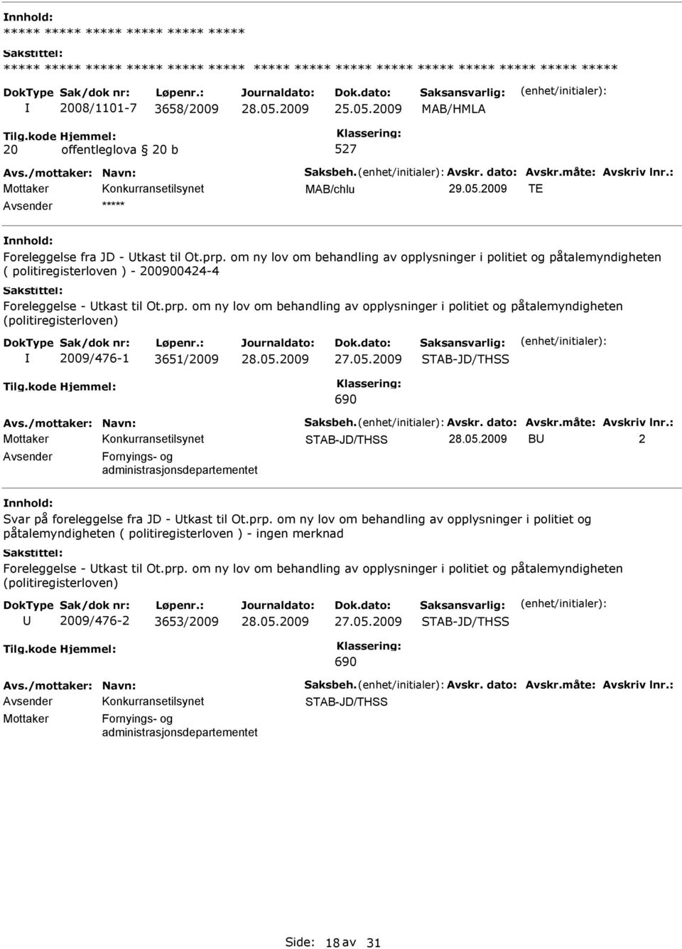 om ny lov om behandling av opplysninger i politiet og påtalemyndigheten ( politiregisterloven ) - 200900424-4 Foreleggelse - tkast til Ot.prp.