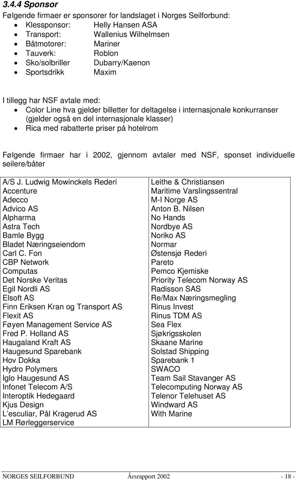 rabatterte priser på hotelrom Følgende firmaer har i 2002, gjennom avtaler med NSF, sponset individuelle seilere/båter A/S J.