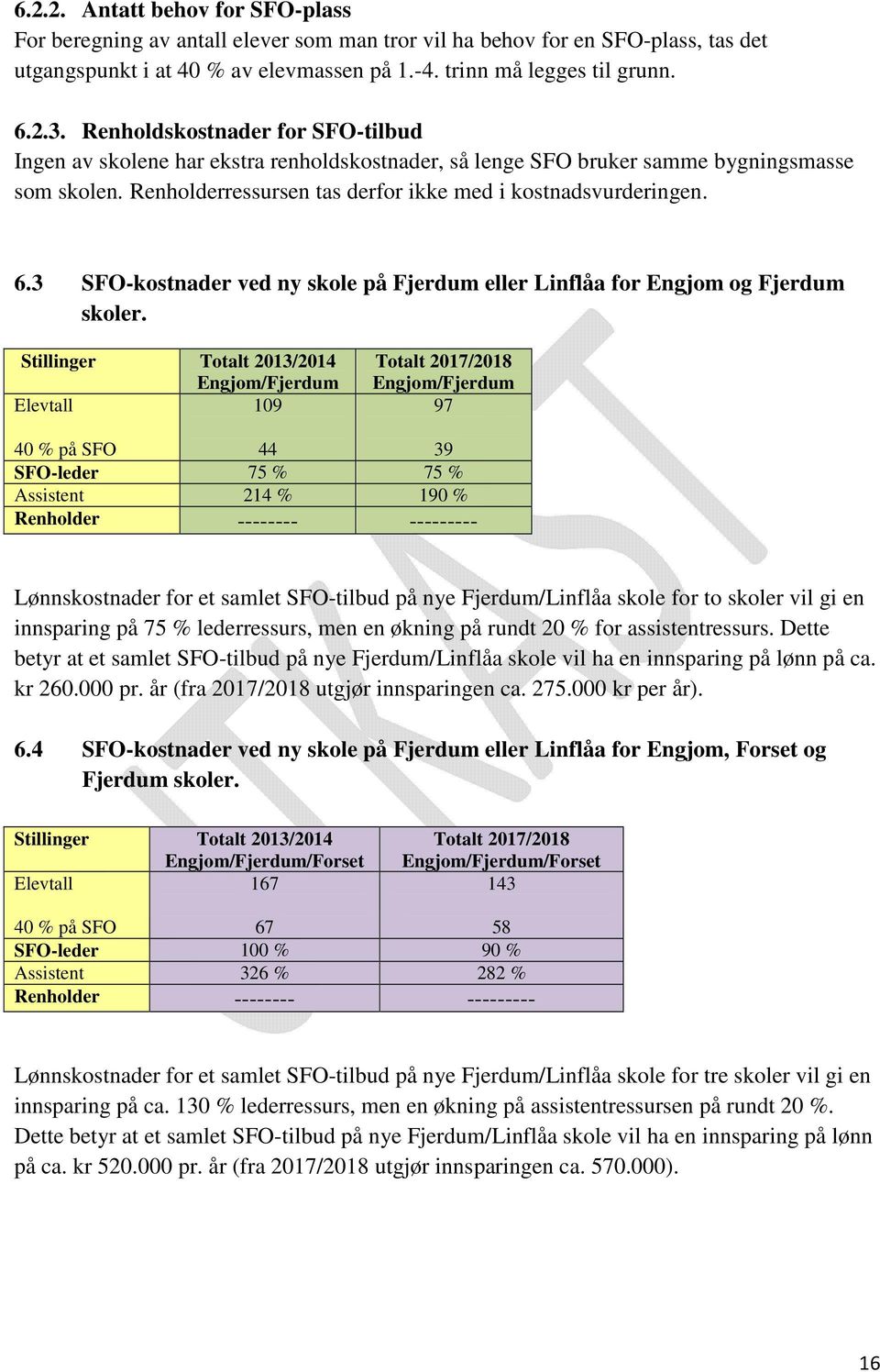 3 SFO-kostnader ved ny skole på Fjerdum eller Linflåa for Engjom og Fjerdum skoler.