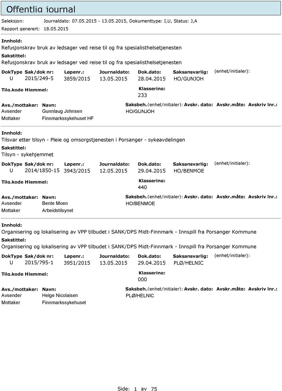 2015 HO/GNJOH 233 Avs./mottaker: Navn: Saksbeh. Avskr. dato: Avskr.måte: Avskriv lnr.