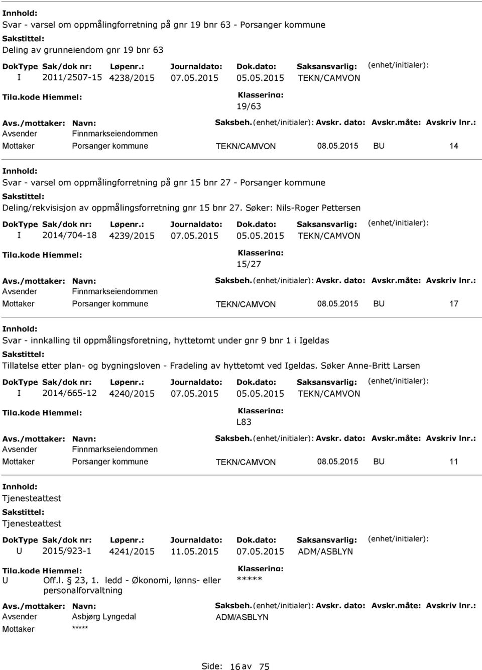 Søker: Nils-Roger Pettersen 2014/704-18 4239/2015 05.05.2015 15/27 Avs./mottaker: Navn: Saksbeh. Avskr. dato: Avskr.måte: Avskriv lnr.