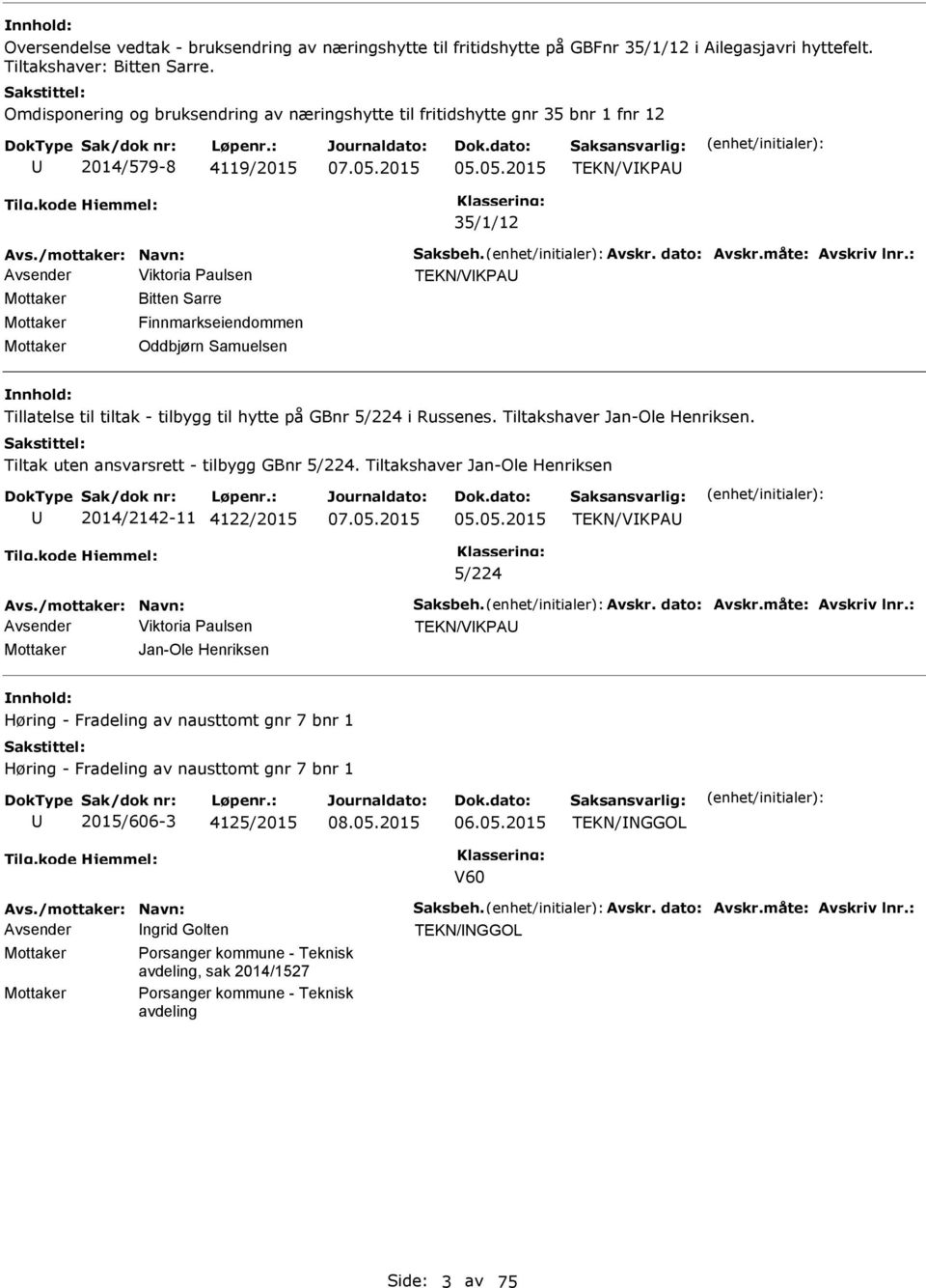 : Avsender Viktoria Paulsen TEKN/VKPA Mottaker Bitten Sarre Mottaker Mottaker Finnmarkseiendommen Oddbjørn Samuelsen Tillatelse til tiltak - tilbygg til hytte på GBnr 5/224 i Russenes.