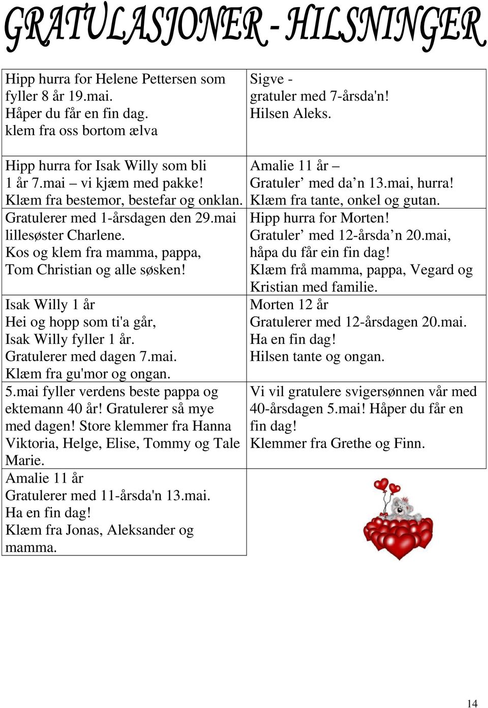 Isak Willy 1 år Hei og hopp som ti'a går, Isak Willy fyller 1 år. Gratulerer med dagen 7.mai. Klæm fra gu'mor og ongan. 5.mai fyller verdens beste pappa og ektemann 40 år! Gratulerer så mye med dagen!