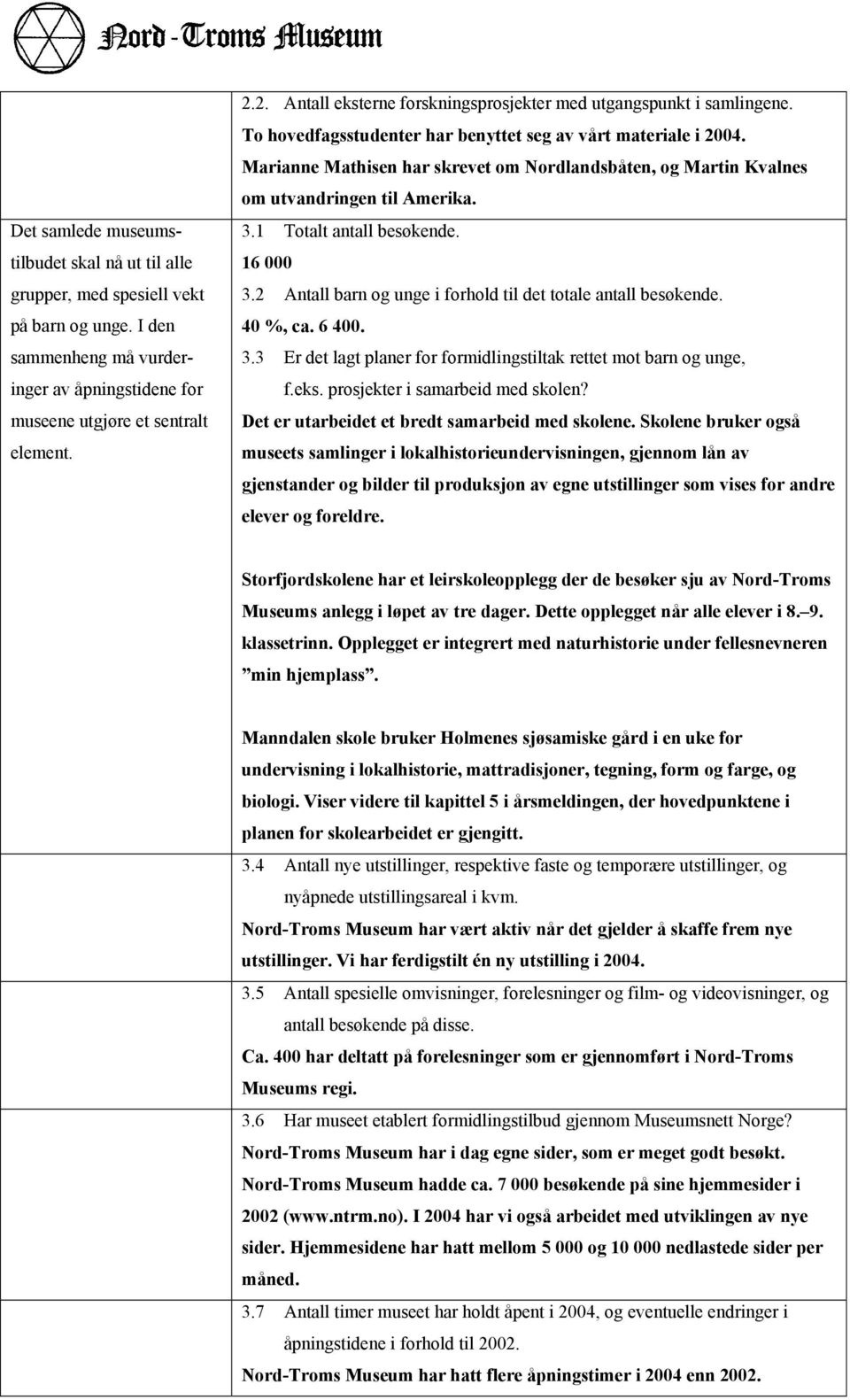 Marianne Mathisen har skrevet om Nordlandsbåten, og Martin Kvalnes om utvandringen til Amerika. 3.1 Totalt antall besøkende. 16 000 3.2 Antall barn og unge i forhold til det totale antall besøkende.