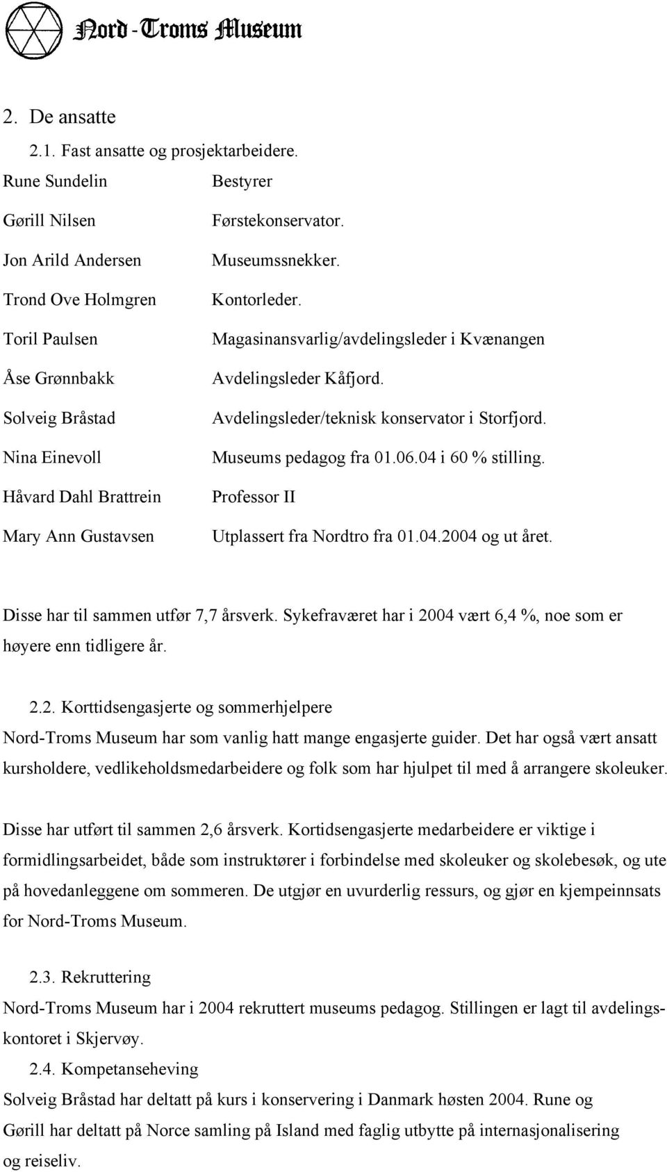 Museumssnekker. Kontorleder. Magasinansvarlig/avdelingsleder i Kvænangen Avdelingsleder Kåfjord. Avdelingsleder/teknisk konservator i Storfjord. Museums pedagog fra 01.06.04 i 60 % stilling.