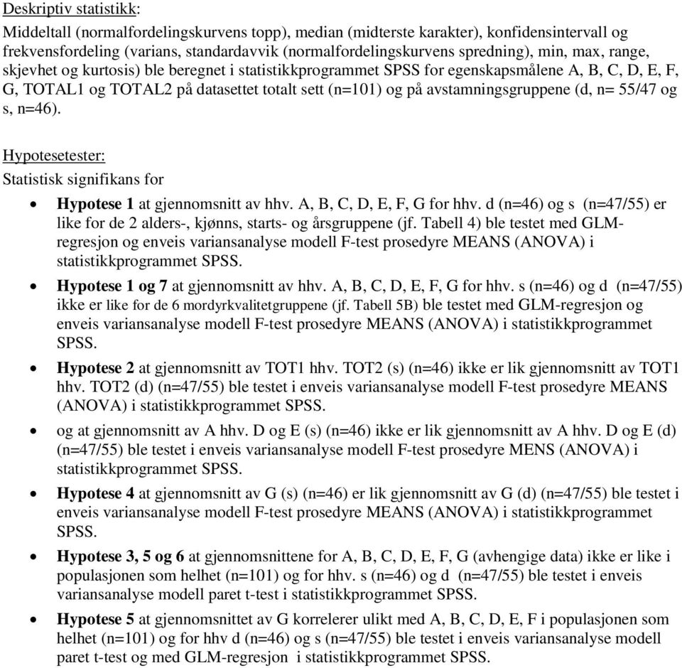 (d, n= 55/47 og s, n=46). Hypotesetester: Statistisk signifikans for Hypotese 1 at gjennomsnitt av hhv. A, B, C, D, E, F, G for hhv.