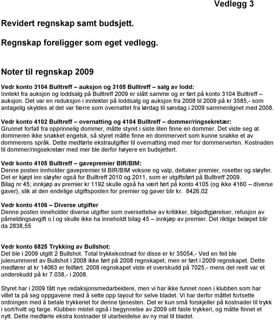 Det var en reduksjon i inntekter på loddsalg og auksjon fra 2008 til 2009 på kr 3585,- som antagelig skyldes at det var færre som overnattet fra lørdag til søndag i 2009 sammenlignet med 2008.