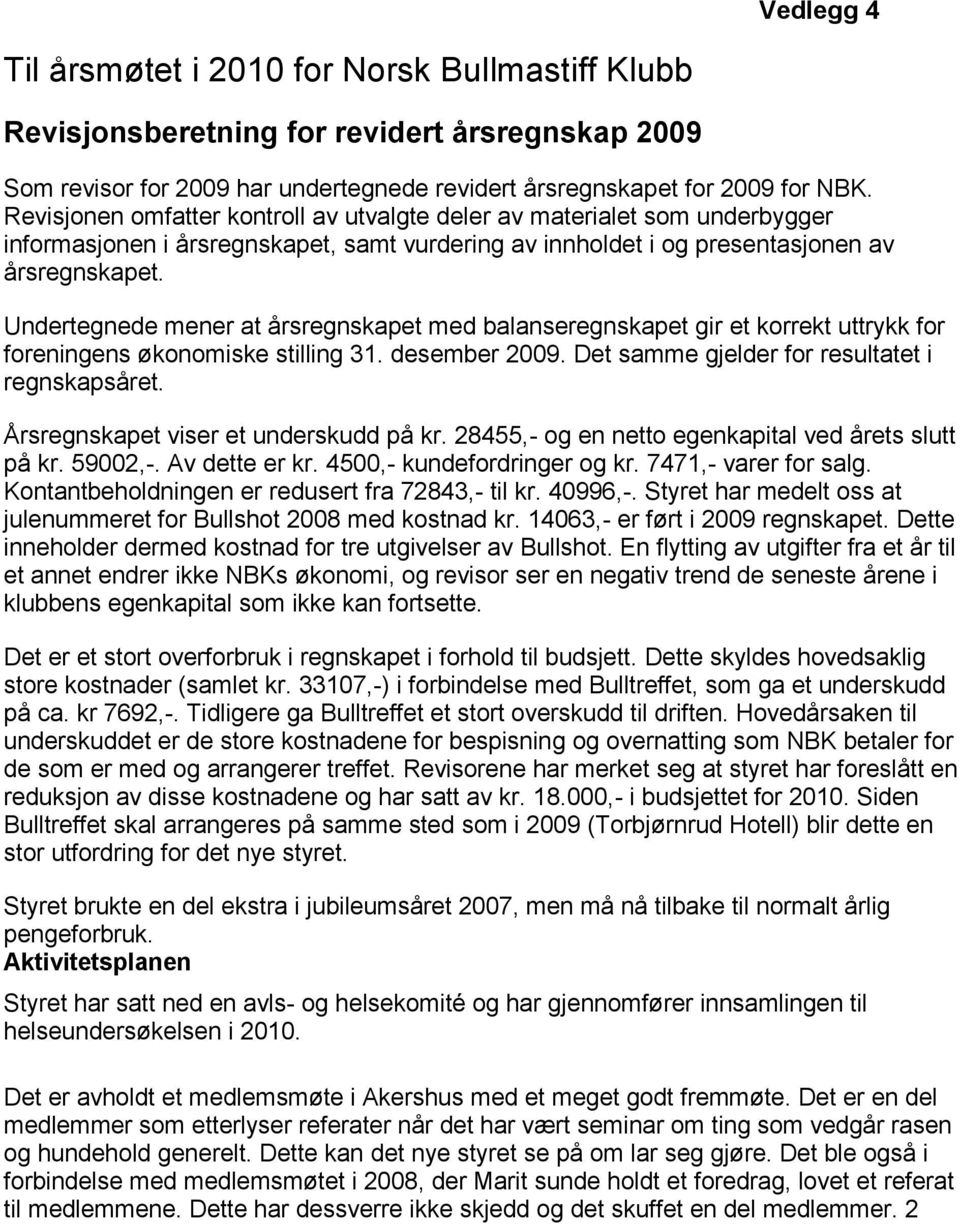 Undertegnede mener at årsregnskapet med balanseregnskapet gir et korrekt uttrykk for foreningens økonomiske stilling 31. desember 2009. Det samme gjelder for resultatet i regnskapsåret.