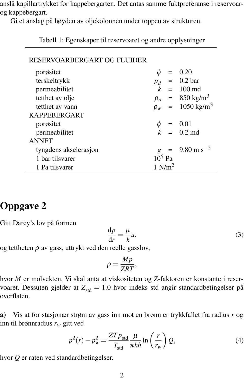 bar permeabilitet k = 100 md tetthet av olje ρ o = 850 kg/m 3 tetthet av vann ρ w = 1050 kg/m 3 KAPPEBERGART porøsitet φ = 0.01 permeabilitet k = 0. md ANNET tyngdens akselerasjon g = 9.