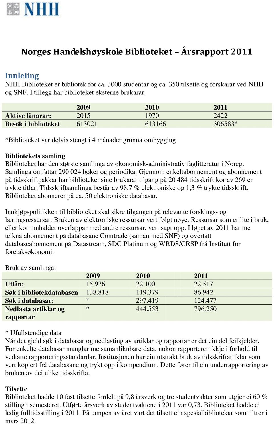 Aktive lånarar: 2015 1970 2422 Besøk i biblioteket 613021 613166 306583* *Biblioteket var delvis stengt i 4 månader grunna ombygging Bibliotekets samling Biblioteket har den største samlinga av