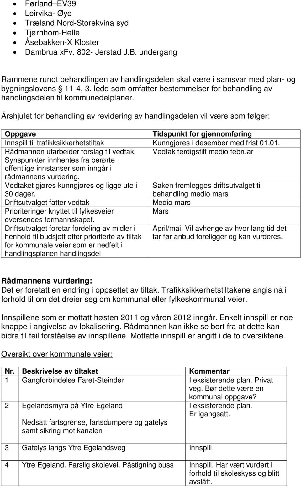 Årshjulet for behandling av revidering av handlingsdelen vil være som følger: Oppgave Tidspunkt for gjennomføring til trafikksikkerhetstiltak Kunngjøres i desember med frist 01.