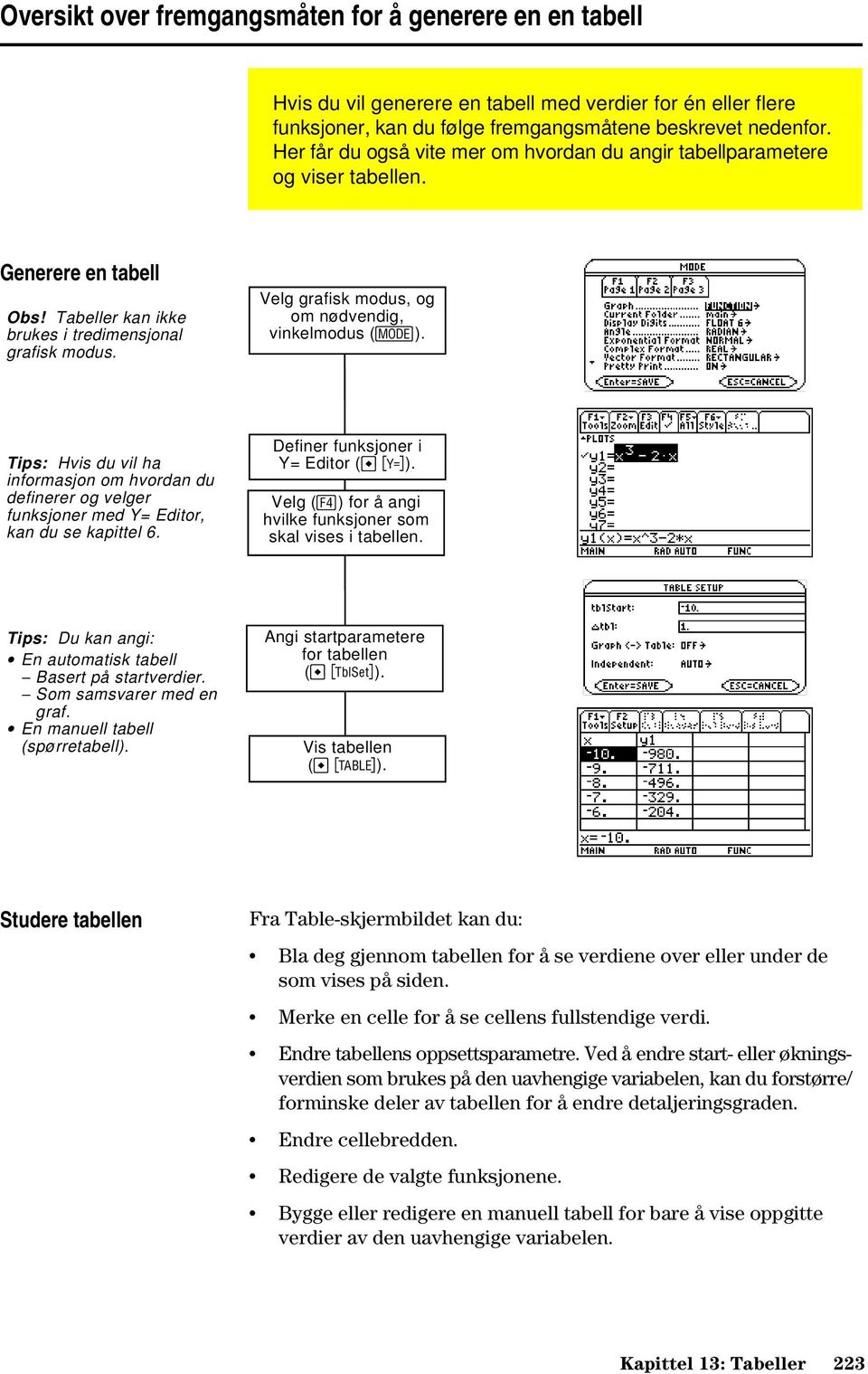 Velg grafisk modus, og om nødvendig, vinkelmodus (3). Tips: Hvis du vil ha informasjon om hvordan du definerer og velger funksjoner med Y= Editor, kan du se kapittel 6.