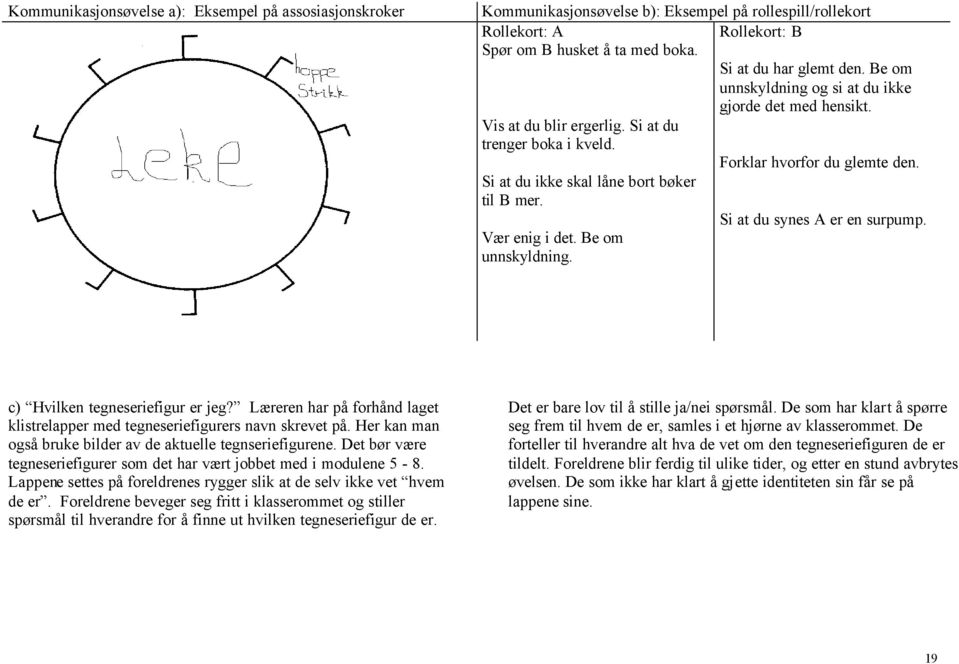 Forklar hvorfor du glemte den. Si at du synes A er en surpump. c) Hvilken tegneseriefigur er jeg? Læreren har på forhånd laget klistrelapper med tegneseriefigurers navn skrevet på.